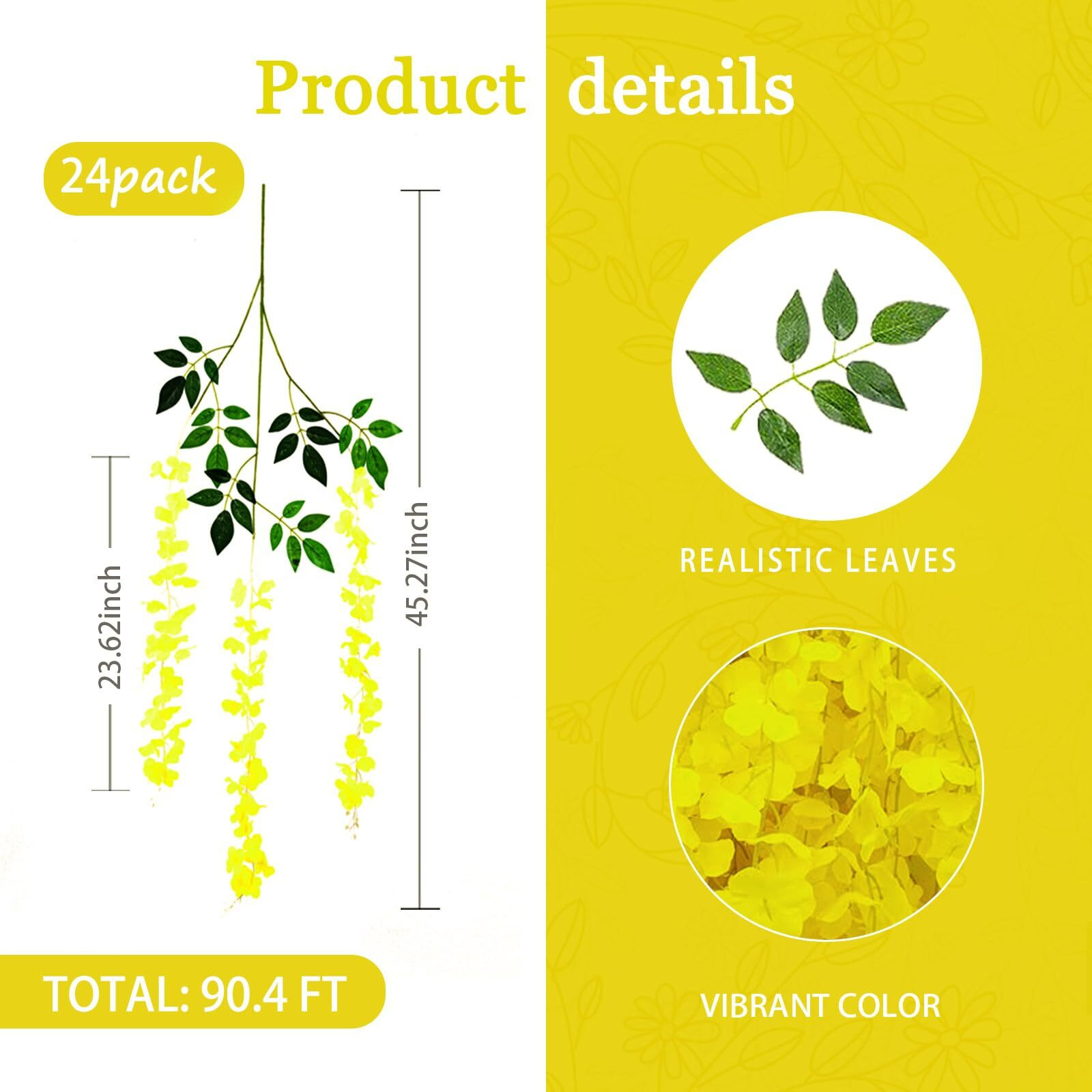 Yellow Artificial Wisteria Flower Vines  3.77 Feet Yellow Wisteria Hanging Flowers Garland  24 Pack Fake Yellow Wisteria  Hanging Vines For Photo Backdrop  Trailing Flower  Yard Flower Vines Decor