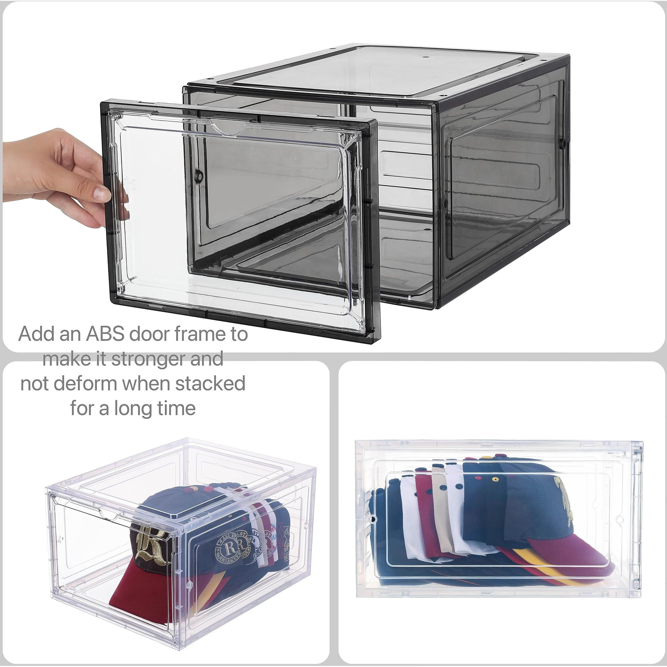 Attelite Upgrade Harder Solid Plastic Hat Organizer For Baseball Caps  8 Pack Stackable Hat Storage Box  Hat Holder With Clear Magnetic Door  Hat Rack  Stylish Hat Display(Xl-Black)