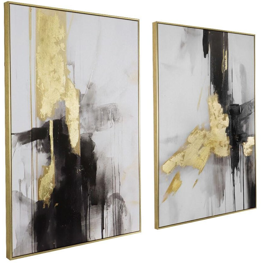 Black And White Abstract Canvas Wall Art - Set Of 2 Piece 24 X 36 Inch Framed Hand-Textured Geometric Artwork - Perfect For Stylish Living Room Or Office Decor