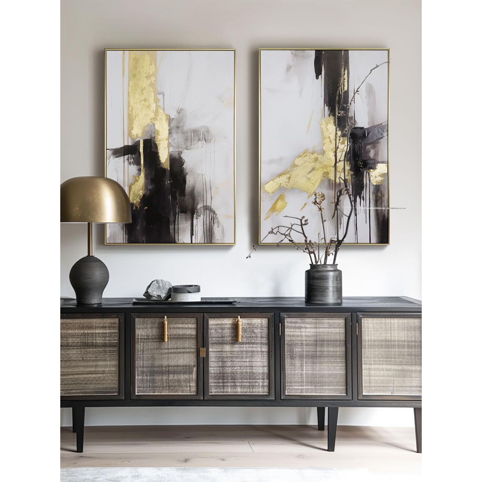 Black And White Abstract Canvas Wall Art - Set Of 2 Piece 24 X 36 Inch Framed Hand-Textured Geometric Artwork - Perfect For Stylish Living Room Or Office Decor