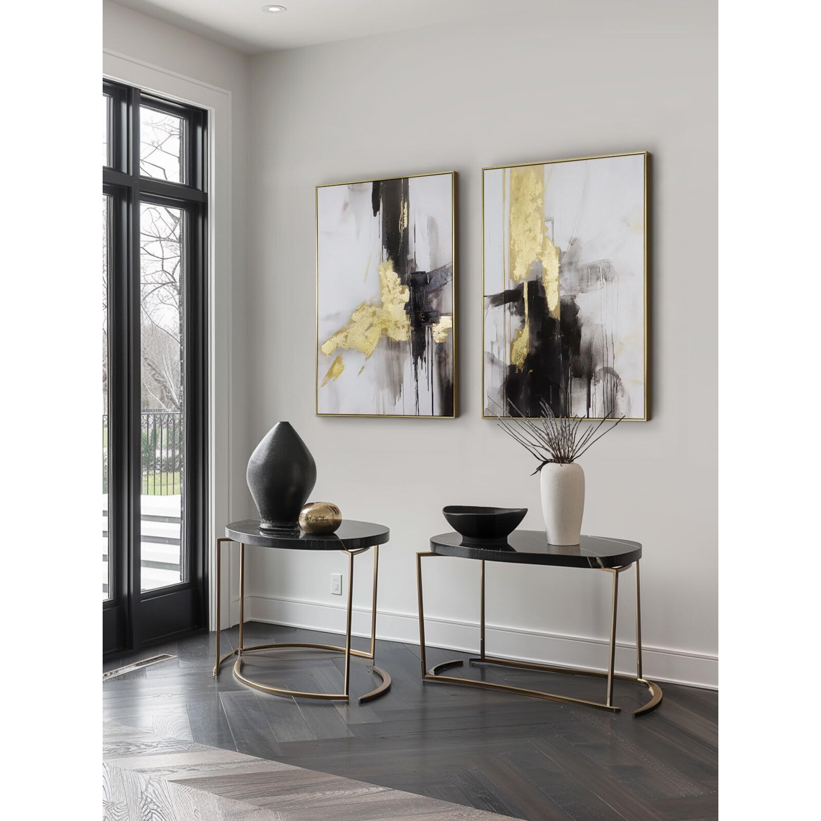 Black And White Abstract Canvas Wall Art - Set Of 2 Piece 24 X 36 Inch Framed Hand-Textured Geometric Artwork - Perfect For Stylish Living Room Or Office Decor