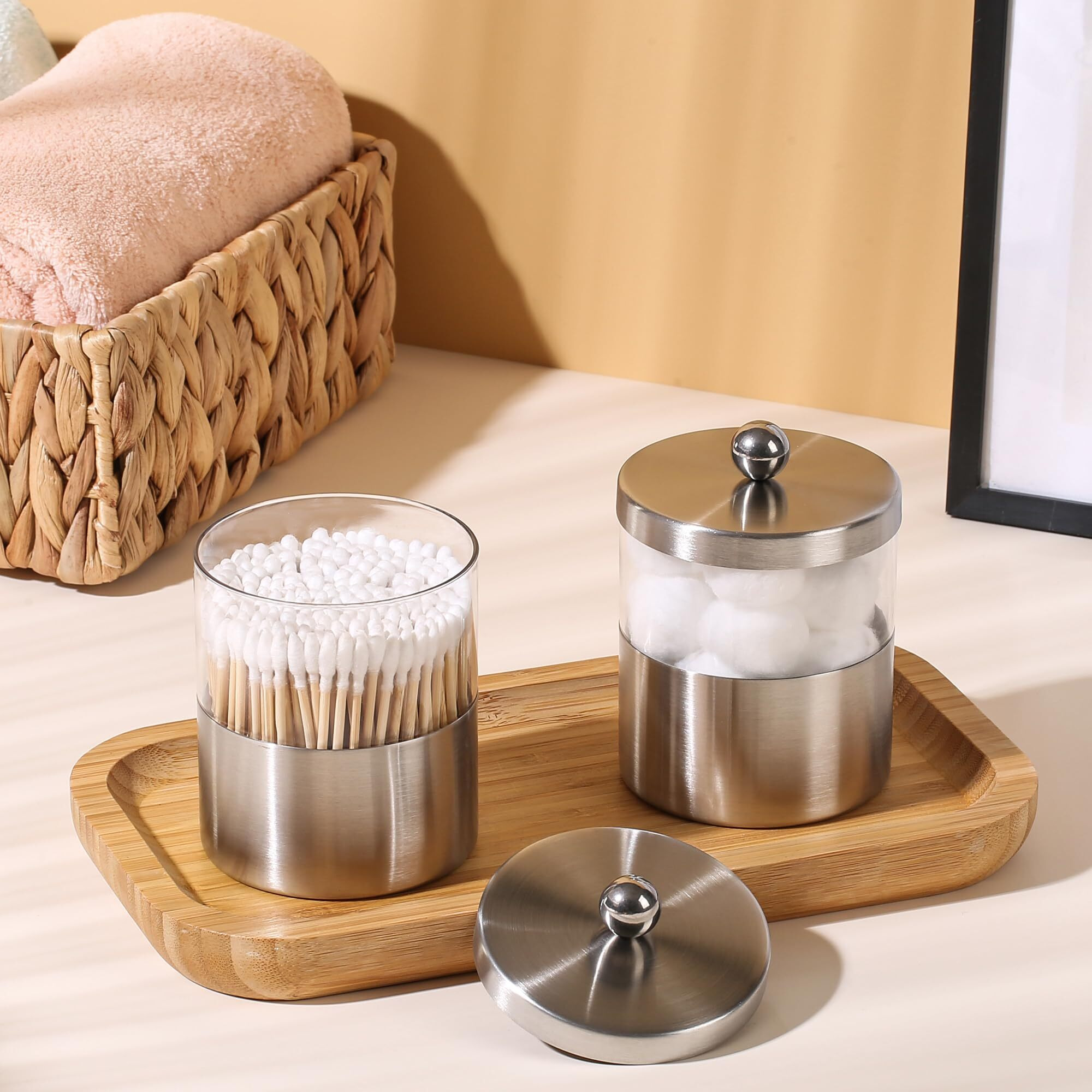 Gaussra Apothecary Jars  Qtip Holder - Stainless Steel Bathroom Jar With Stickers - Farmhouse Decor Qtip Dispenser For Qtips  Cotton Balls  Swabs  Makeup Sponges (2 Pack  Brushed Nickel)