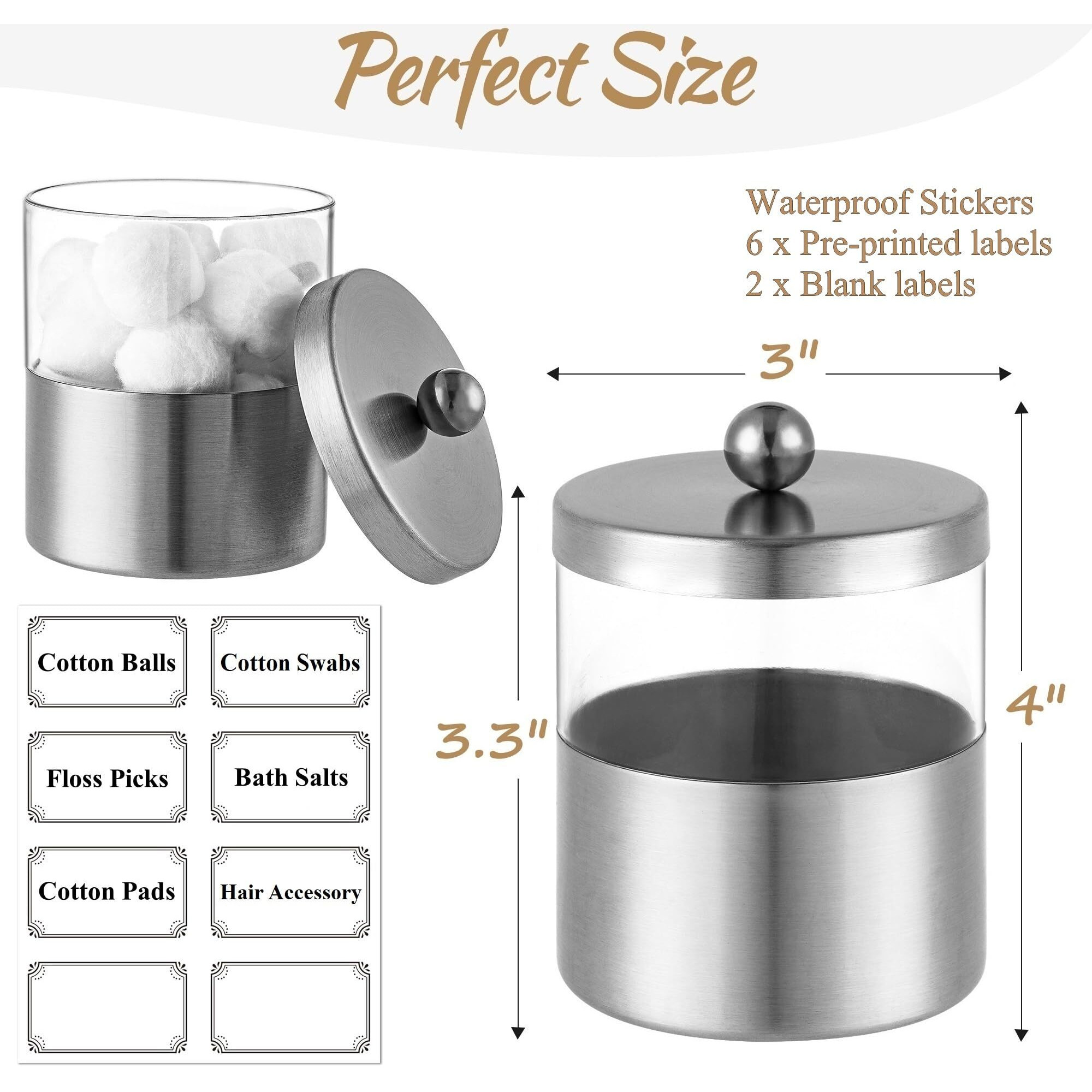 Gaussra Apothecary Jars  Qtip Holder - Stainless Steel Bathroom Jar With Stickers - Farmhouse Decor Qtip Dispenser For Qtips  Cotton Balls  Swabs  Makeup Sponges (2 Pack  Brushed Nickel)