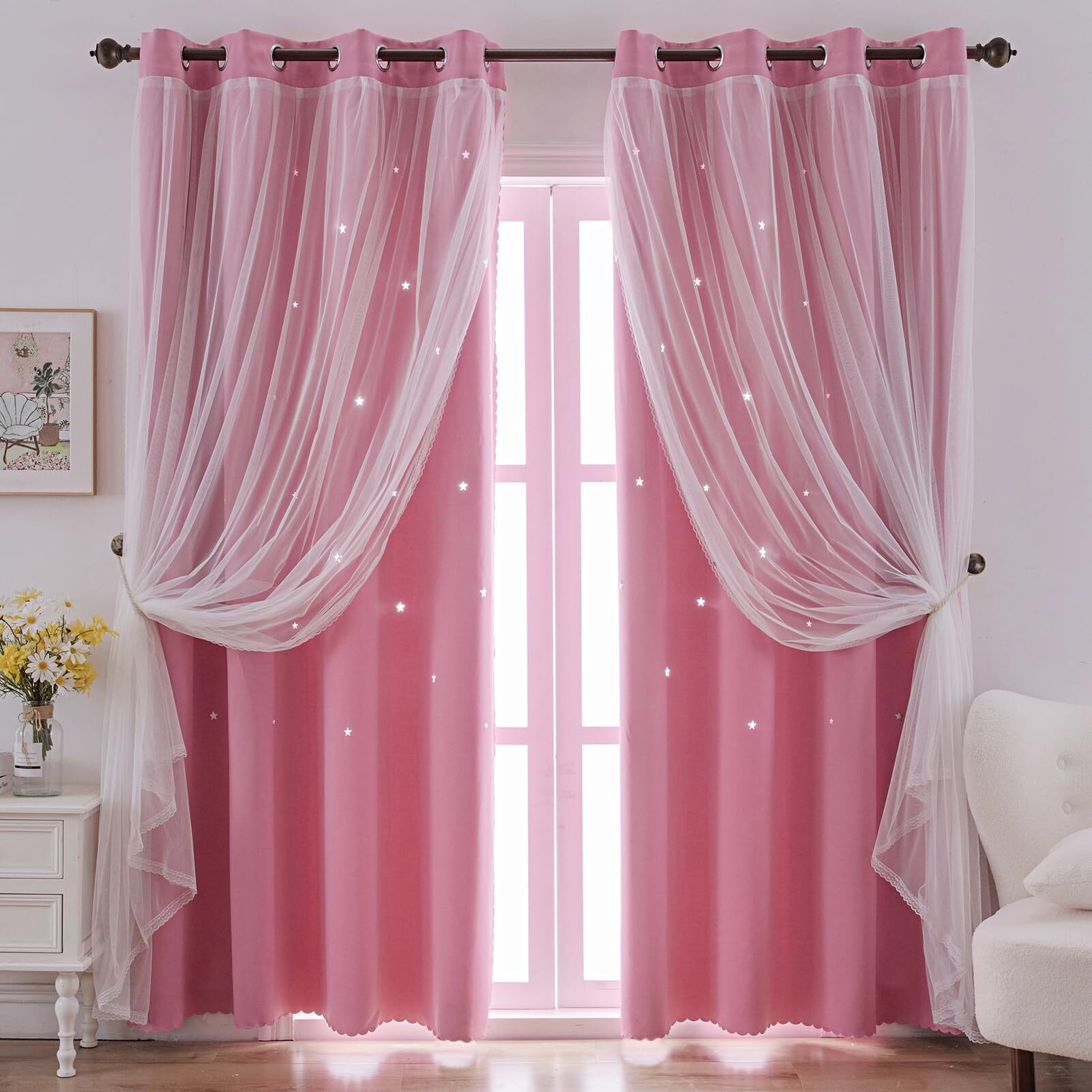 Indistar Star Curtains For Bedroom Star Hollow Out Blackout Curtains For Kids Room Double Layer Star Cut Out Window Decor(2 Panel  52W X 95L Inch Pink)