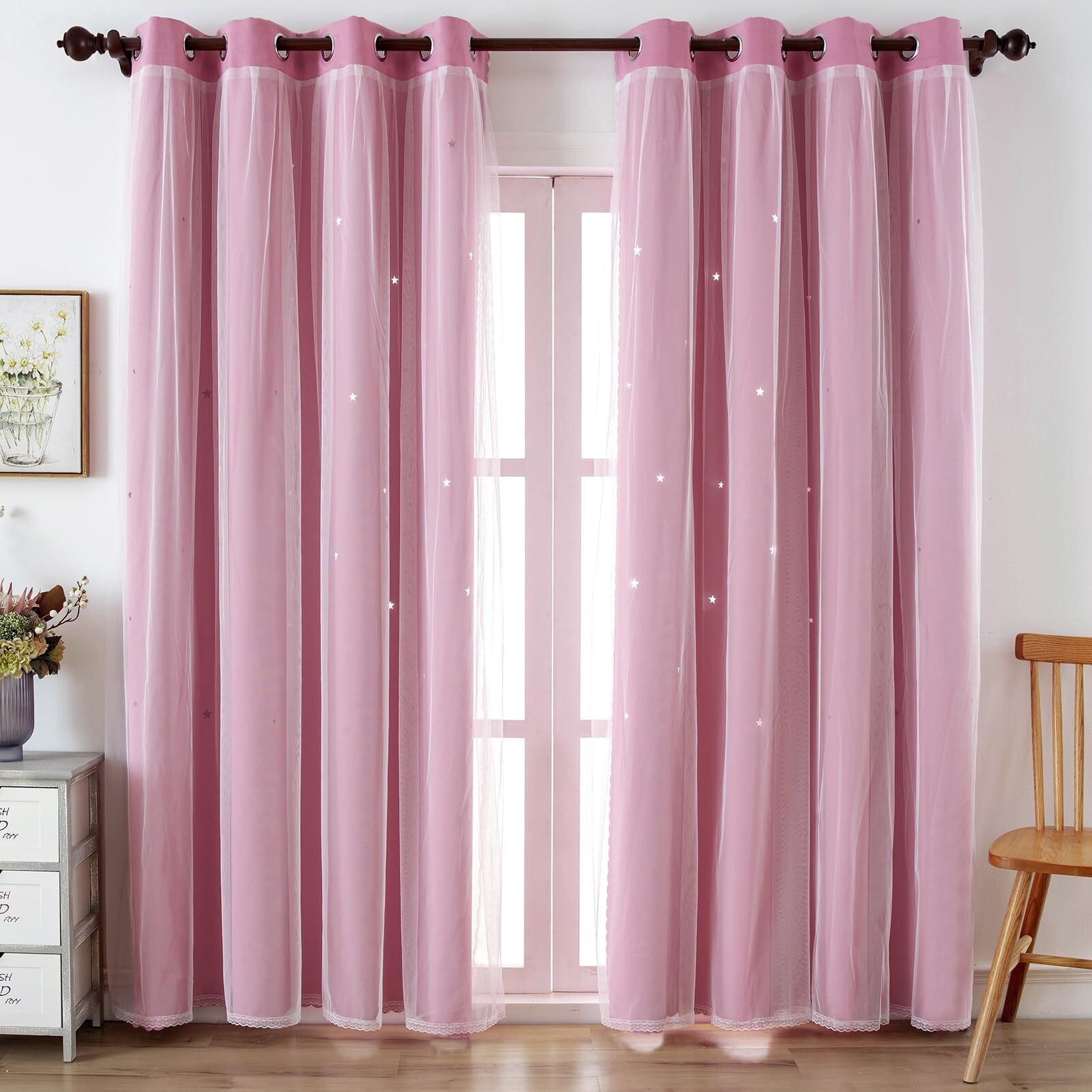Indistar Star Curtains For Bedroom Star Hollow Out Blackout Curtains For Kids Room Double Layer Star Cut Out Window Decor(2 Panel  52W X 95L Inch Pink)