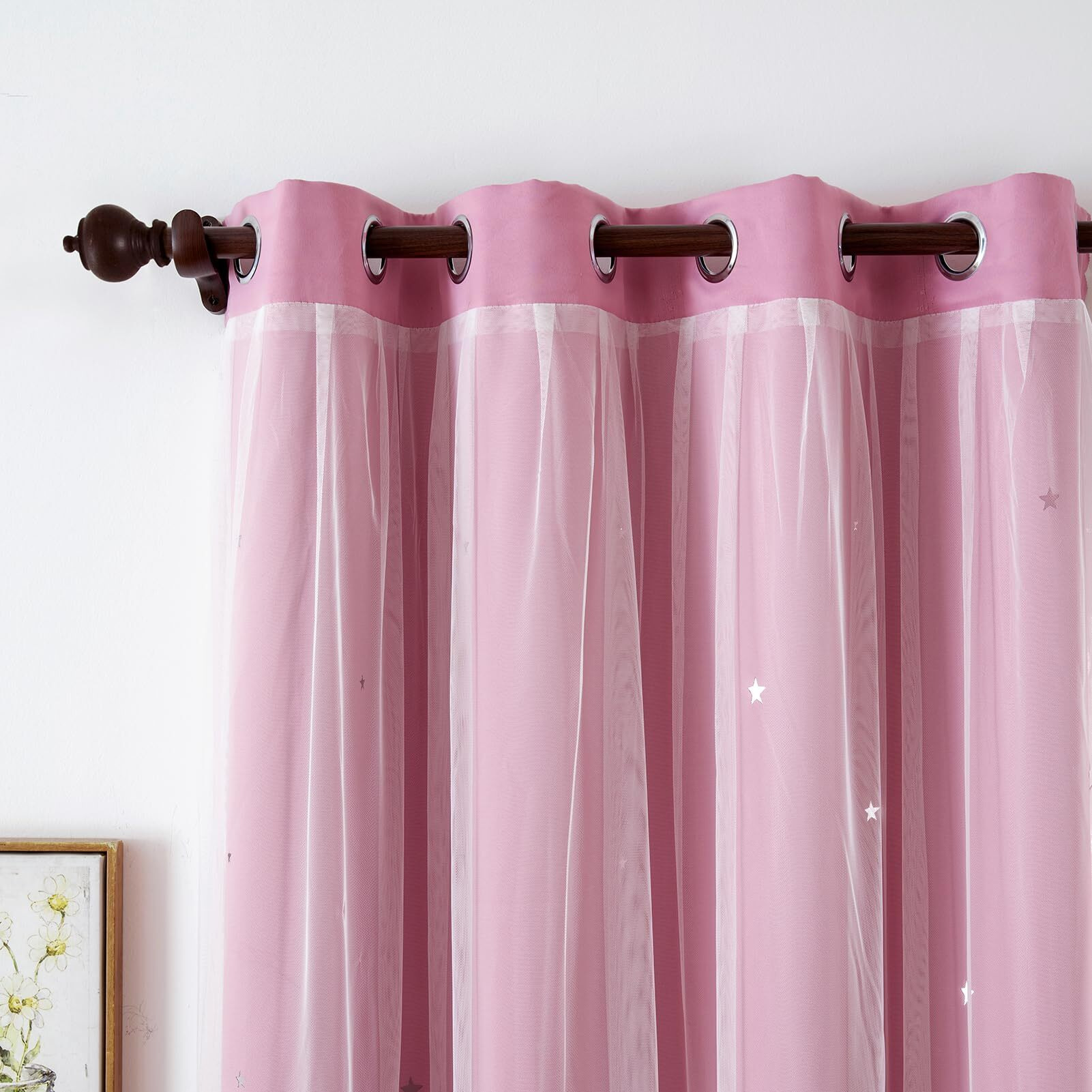 Indistar Star Curtains For Bedroom Star Hollow Out Blackout Curtains For Kids Room Double Layer Star Cut Out Window Decor(2 Panel  52W X 95L Inch Pink)