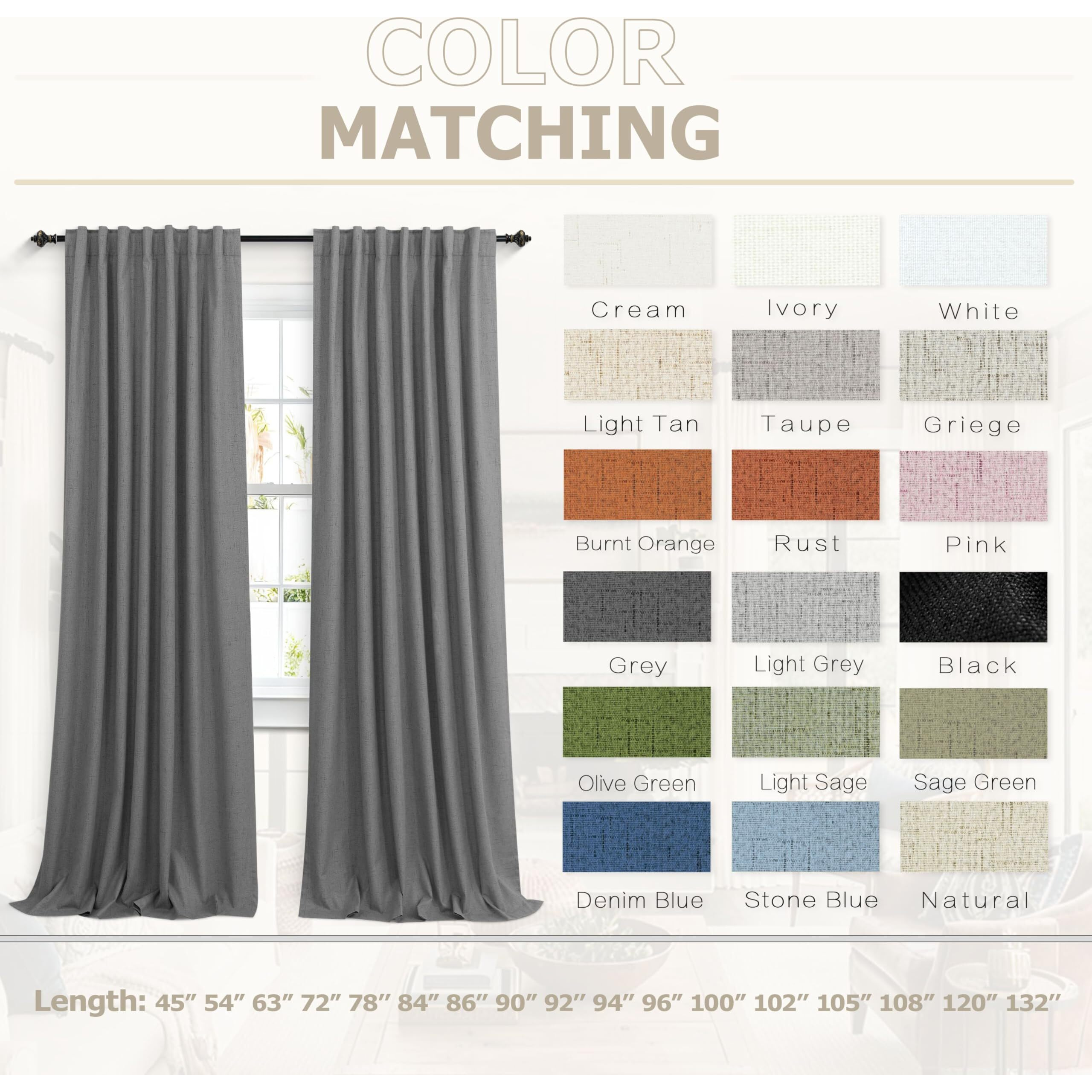 Koufall Gray Curtains 96 Inches Long 2 Panels Linen Textured Back Tab Pleated Black Out Charcoal Grey Blackout Drapes For Bedroom Living Room