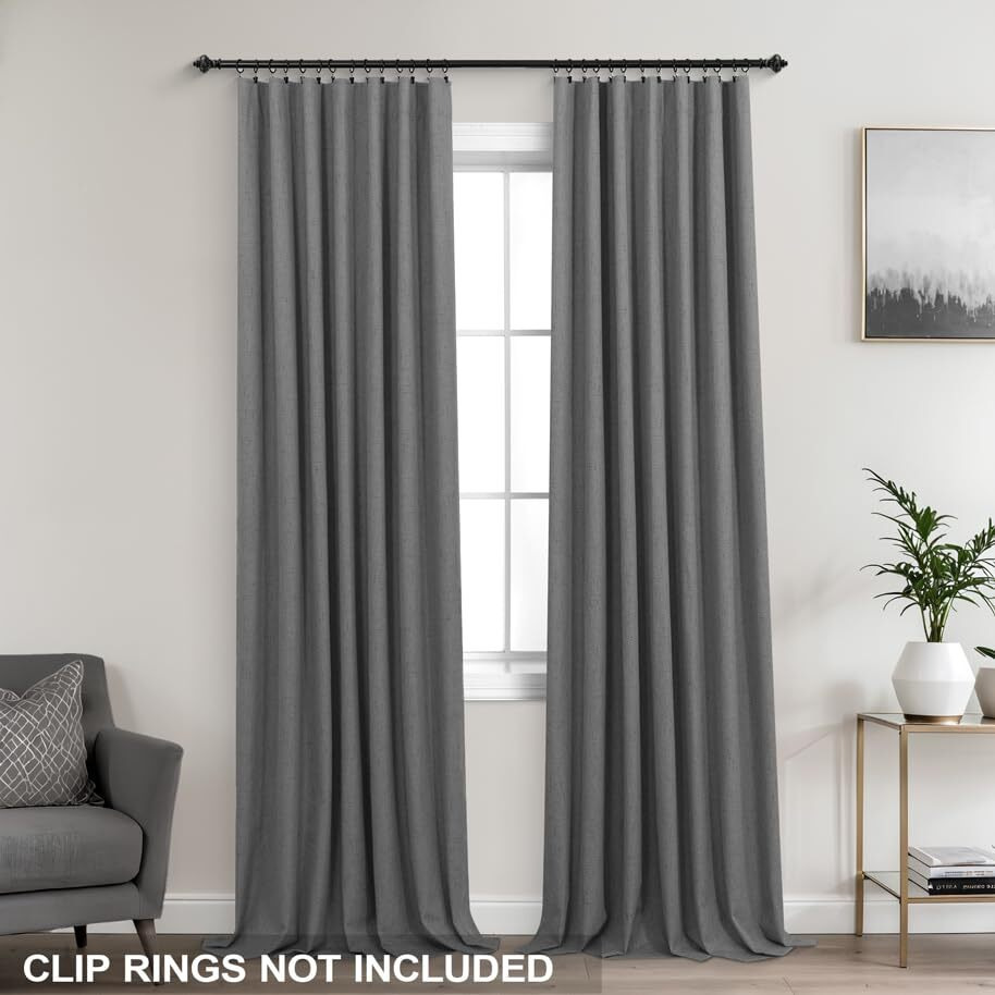 Koufall Gray Curtains 96 Inches Long 2 Panels Linen Textured Back Tab Pleated Black Out Charcoal Grey Blackout Drapes For Bedroom Living Room