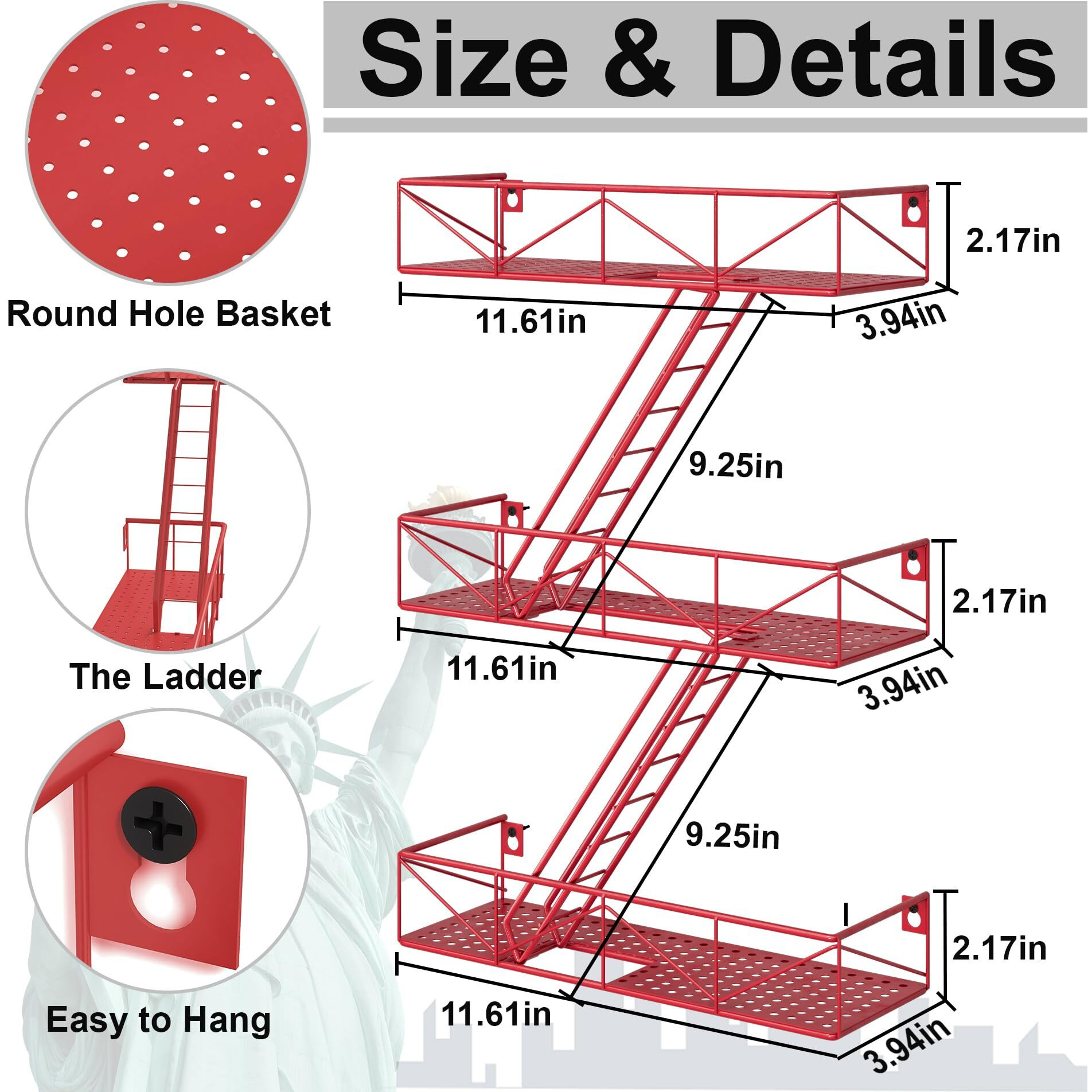 Mvpsonag Fire Escape Shelf - 3 Tier Red Fire Escape Wall Shelf With Basket Wall Organizer  New York Metal Decorative Shelves  Diy Floating Action Figurine Display Shelf For Bedroom  Home DCor