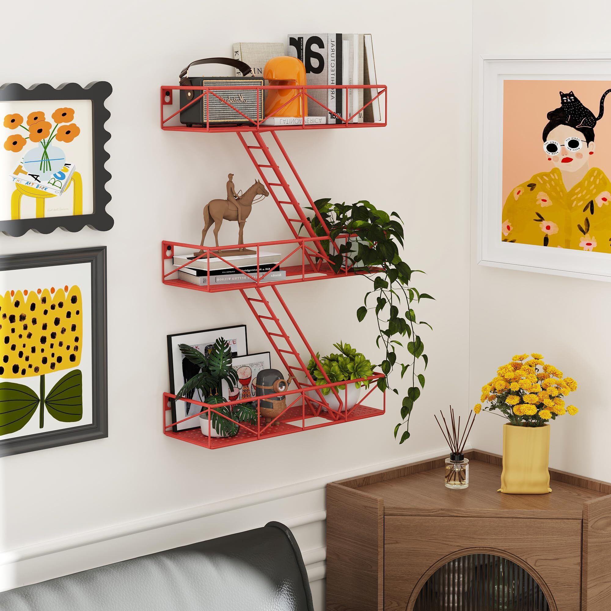 Mvpsonag Fire Escape Shelf - 3 Tier Red Fire Escape Wall Shelf With Basket Wall Organizer  New York Metal Decorative Shelves  Diy Floating Action Figurine Display Shelf For Bedroom  Home DCor