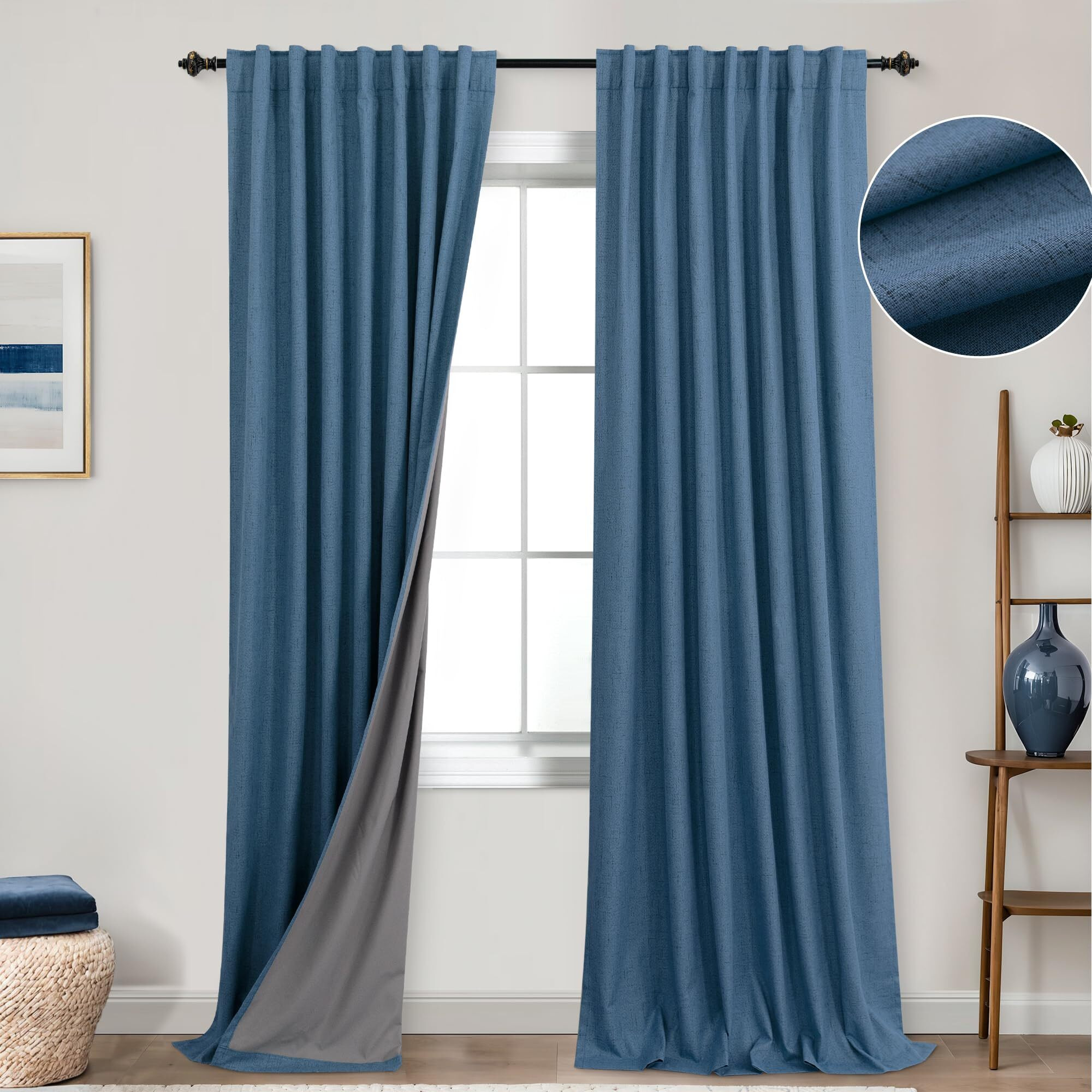 Koufall 90 Inch Curtains Long Denim Blue Linen Blackout Thermal Black Out Contemporary Curtains For Living Room 2 Panels Set