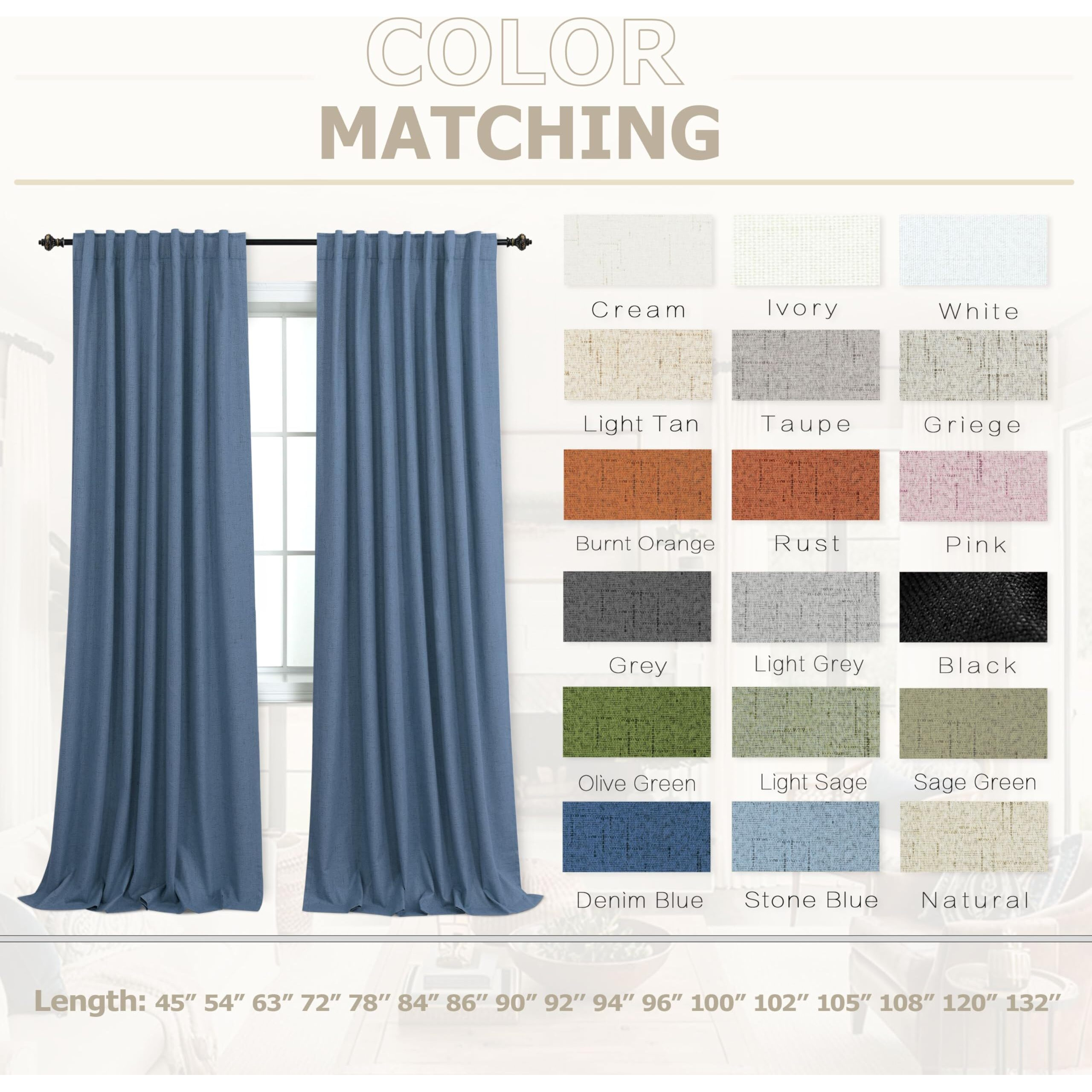Koufall 90 Inch Curtains Long Denim Blue Linen Blackout Thermal Black Out Contemporary Curtains For Living Room 2 Panels Set
