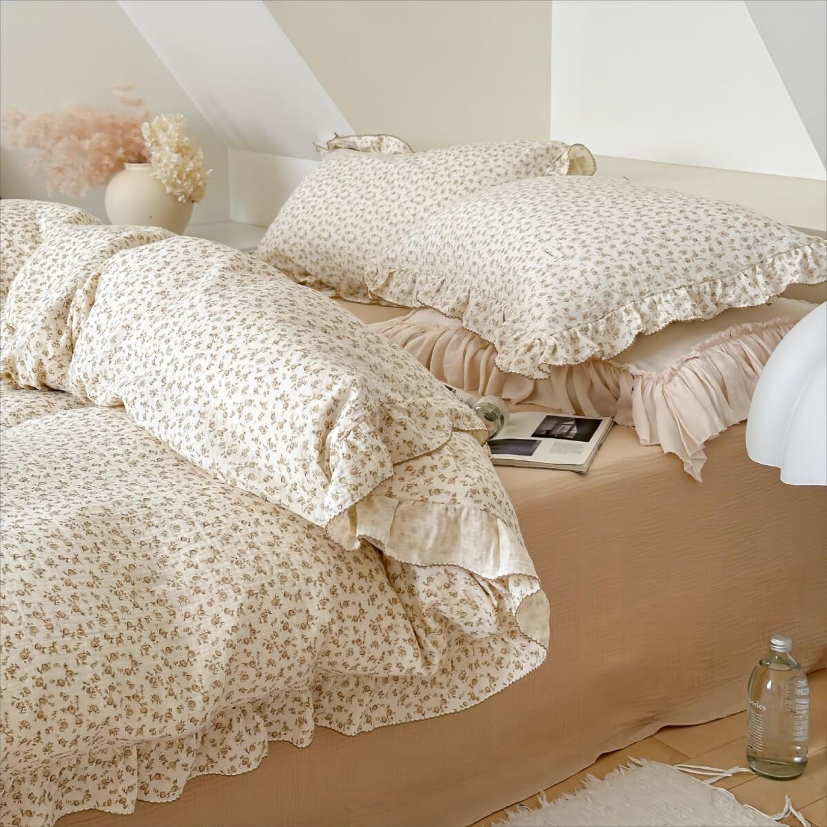 Bulutu Muslin Kids Duvet Cover For Full Size Bed  Vintage Farmhouse Duvet Covers With Ruffles  Soft Cotton Comforter Cover  Camellia  Zipper Closure & Corner Ties  No Comforter