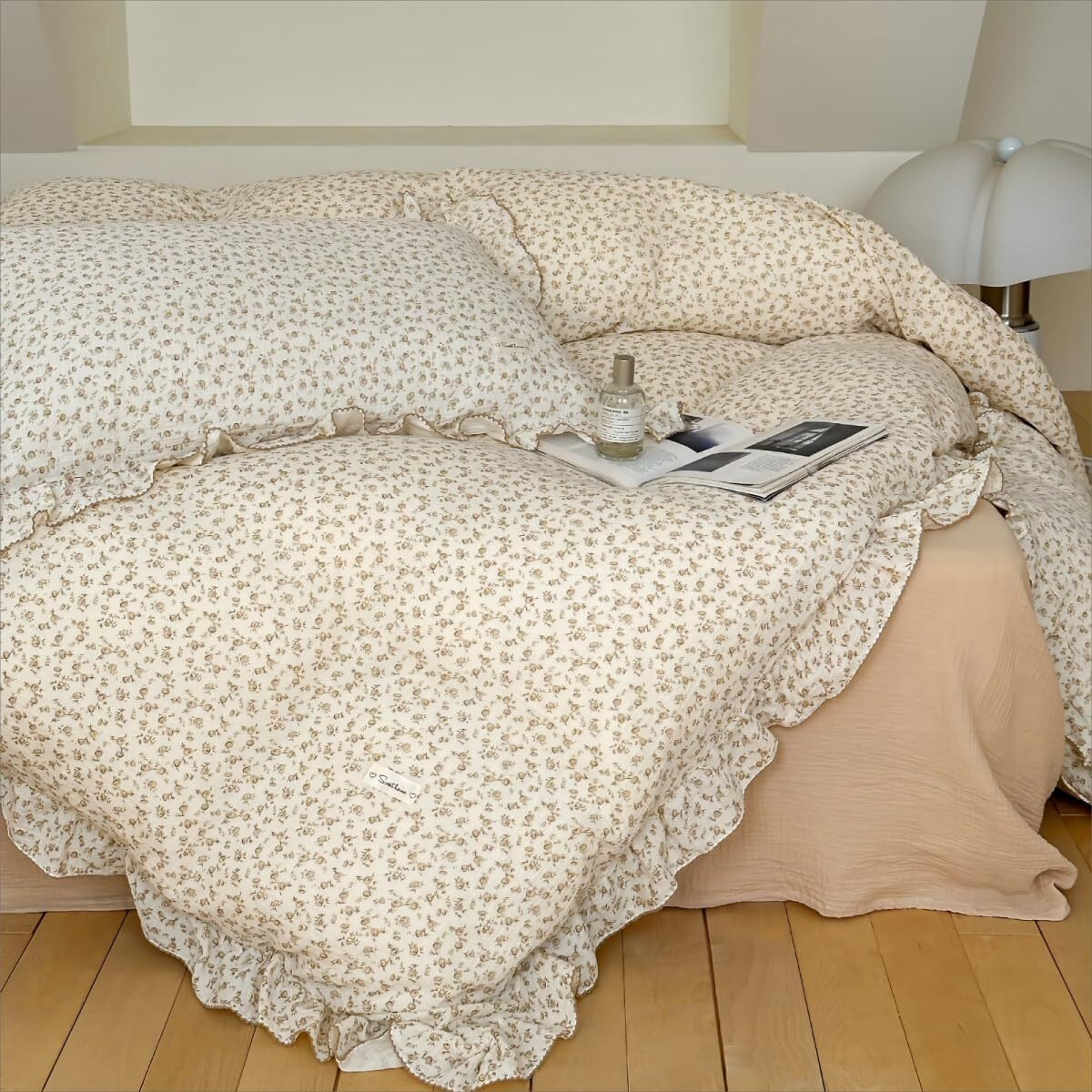 Bulutu Muslin Kids Duvet Cover For Full Size Bed  Vintage Farmhouse Duvet Covers With Ruffles  Soft Cotton Comforter Cover  Camellia  Zipper Closure & Corner Ties  No Comforter