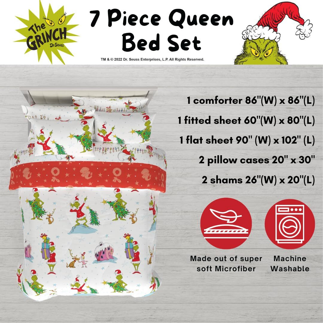 Franco Grinch By Dr. Seuss Holiday & Christmas Bedding Super Soft Comforter And Sheet Set With Sham  7 Piece Queen Size (Official Dr. Seuss Product)