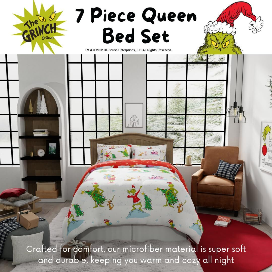Franco Grinch By Dr. Seuss Holiday & Christmas Bedding Super Soft Comforter And Sheet Set With Sham  7 Piece Queen Size (Official Dr. Seuss Product)