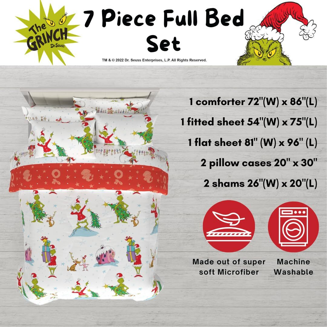 Franco Grinch By Dr. Seuss Holiday & Christmas Bedding Super Soft Comforter And Sheet Set With Sham  7 Piece Full Size (Official Dr. Seuss Product)