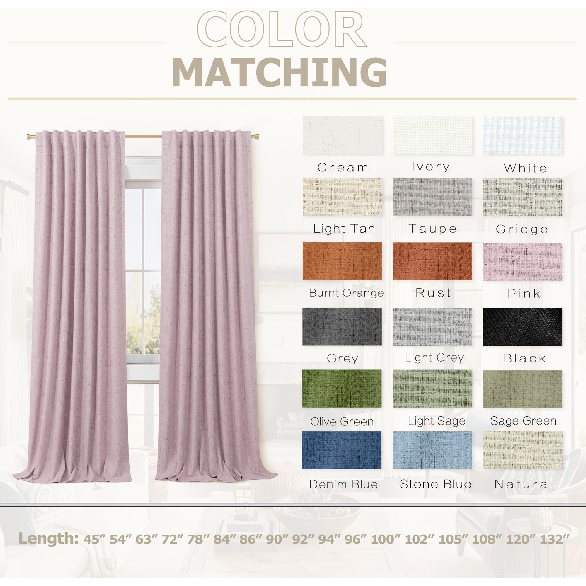 Koufall 52X102 Inches Long Pink Back Tab Linen Blackout Curtains For Living Room