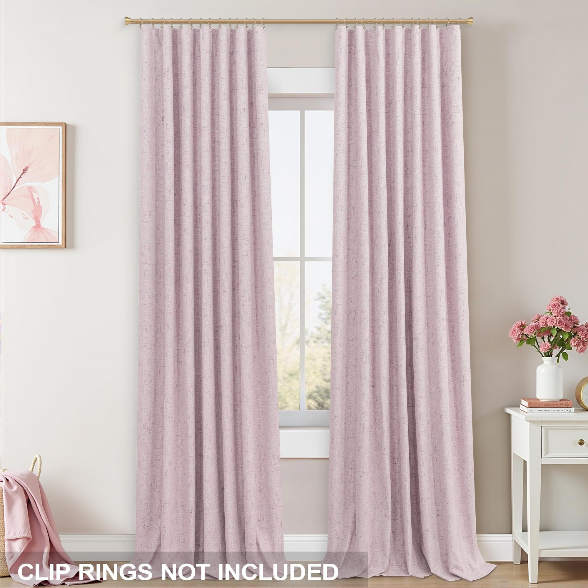 Koufall 52X102 Inches Long Pink Back Tab Linen Blackout Curtains For Living Room