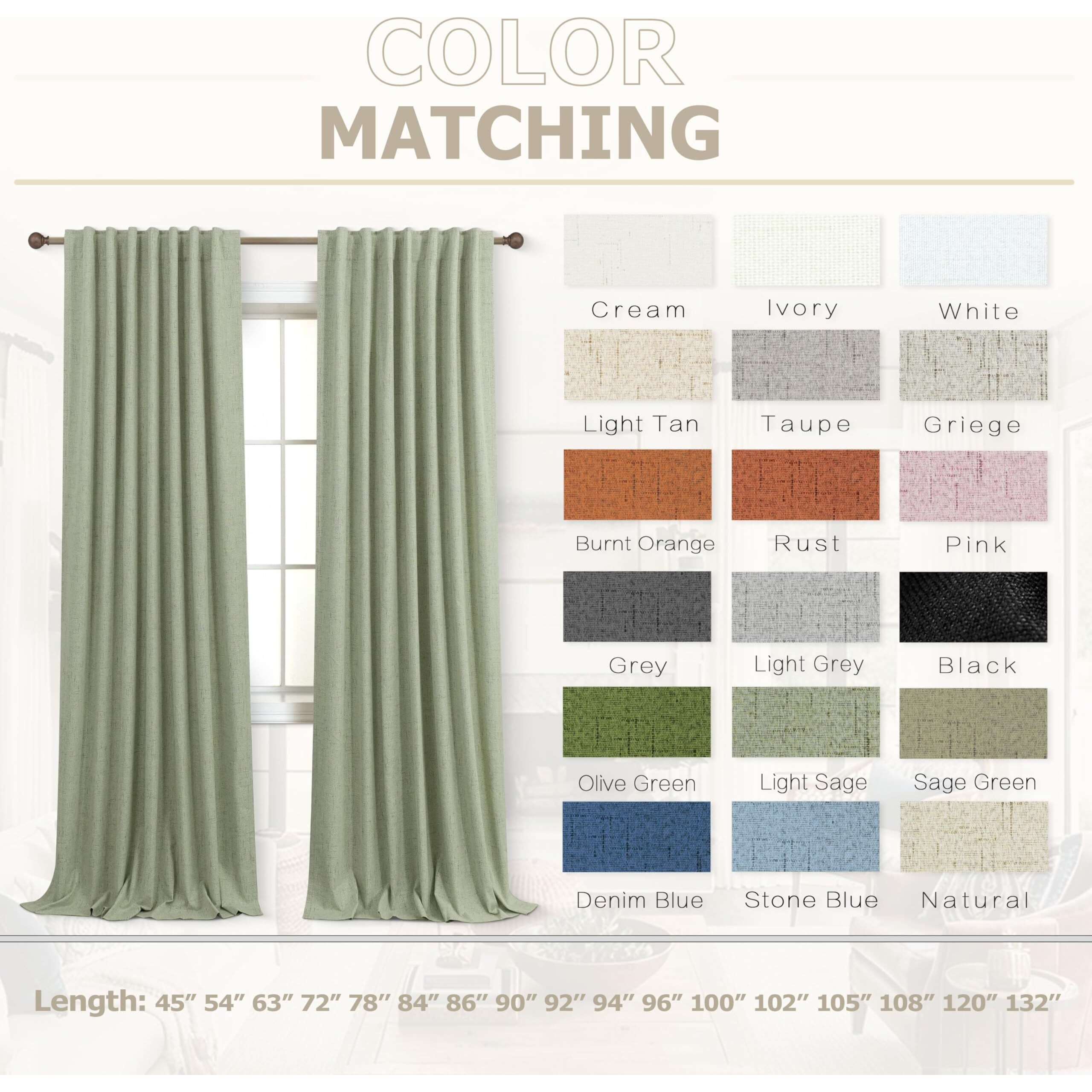 Koufall 52X72 Inches Long Light Sage Back Tab Linen Blackout Curtains