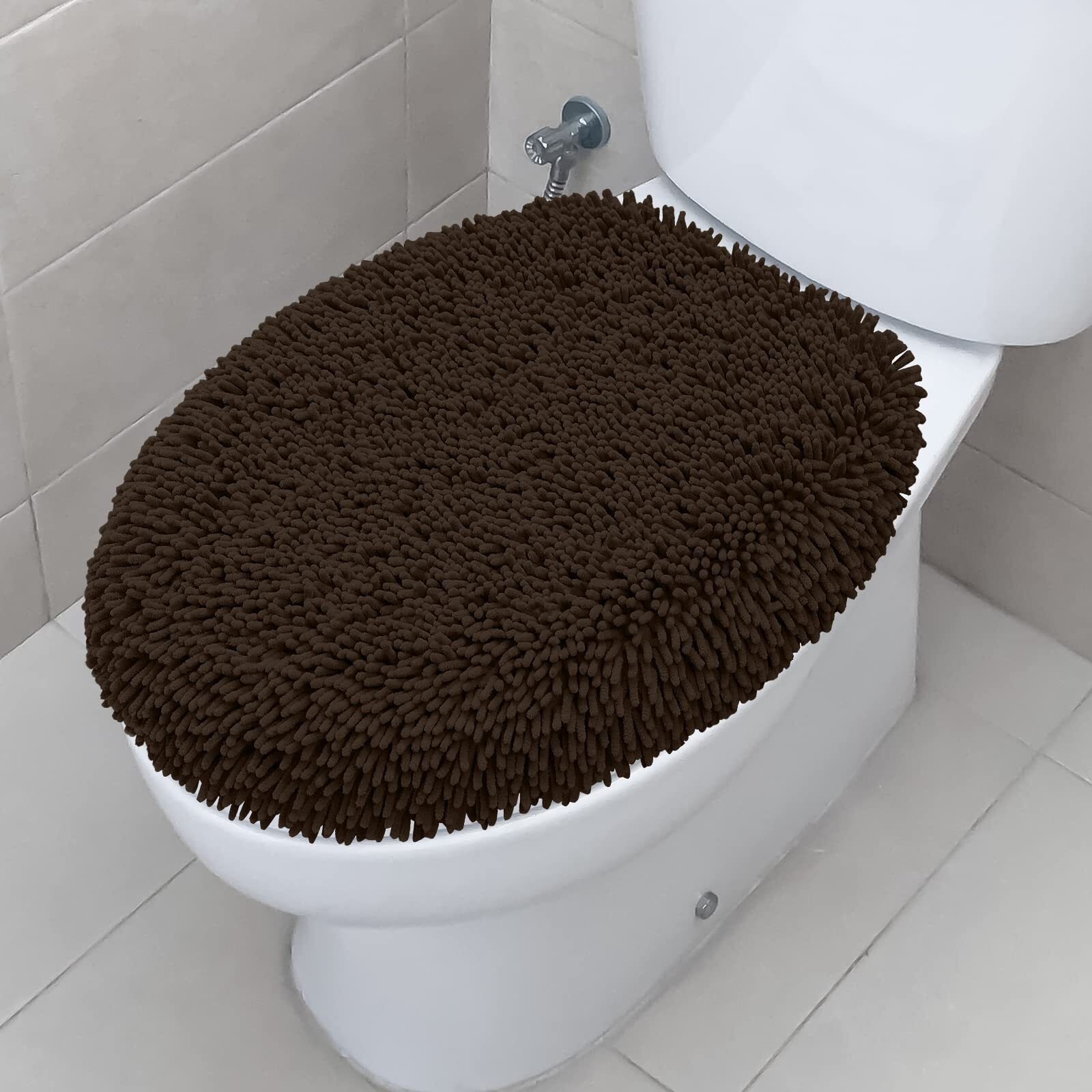 Treetone Shaggy Chenille Bathroom Toilet Lid Cover  Ultra Soft Plush Seat Covers  Fluffy Absorbent  19X21 Inches  Standard Toilet Lids For Bathroom Machine Wash & Dry  Chocolate Brown