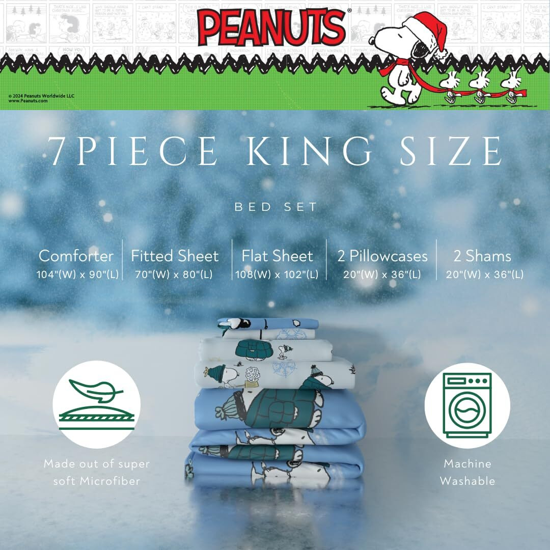 Franco Collectibles Peanuts Snoopy Puffer Holiday & Christmas Bedding Super Soft Comforter And Sheet Set With Sham  7 Piece King Size (Officially Licensed Product)