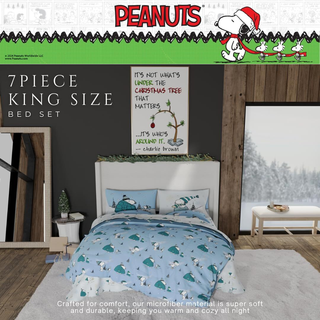 Franco Collectibles Peanuts Snoopy Puffer Holiday & Christmas Bedding Super Soft Comforter And Sheet Set With Sham  7 Piece King Size (Officially Licensed Product)