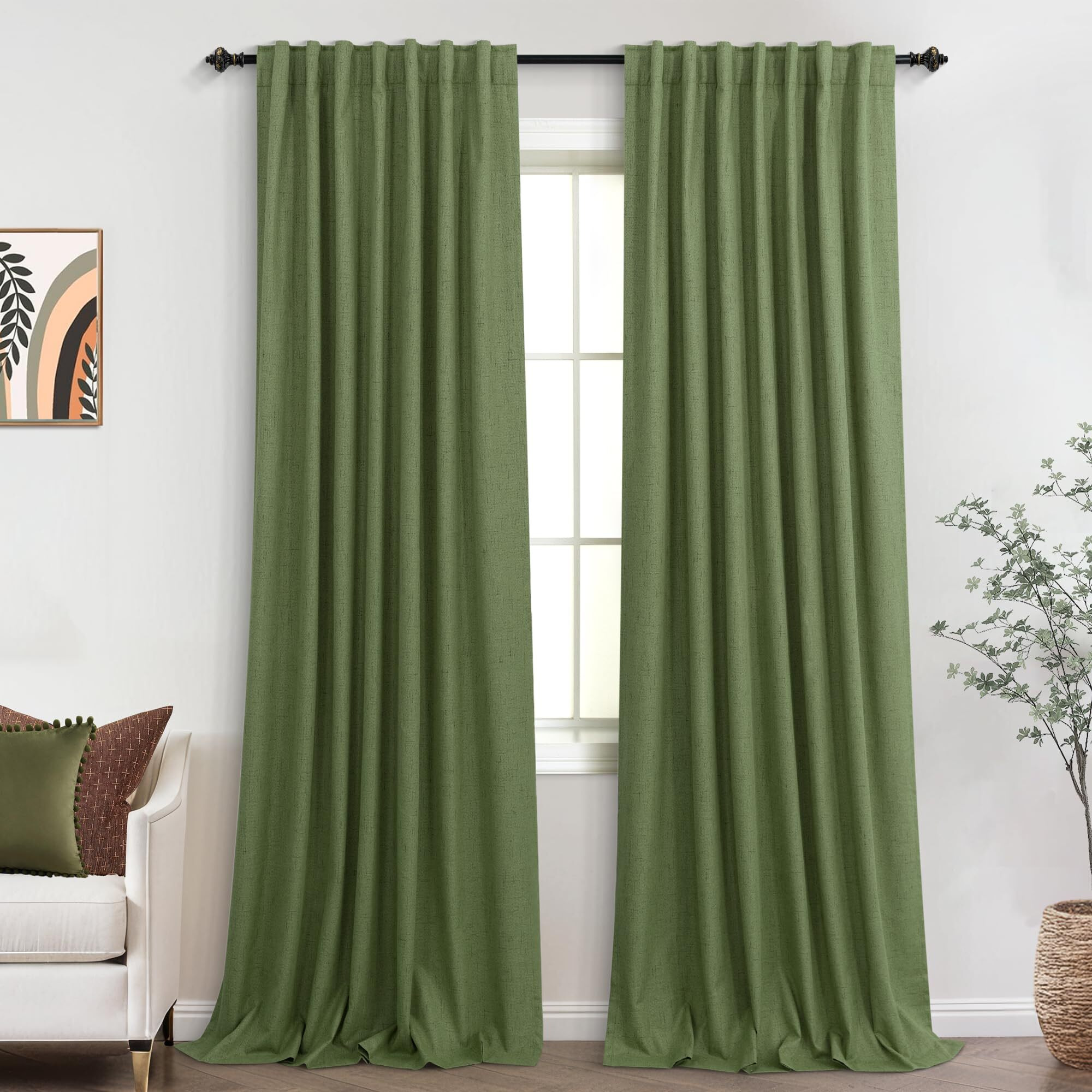 Koufall Mid Century Modern Curtains For Bedroom Living Room Olive Green Blackout Retro Curtains For Christmas 90 Inch Length Long 2 Panel Set