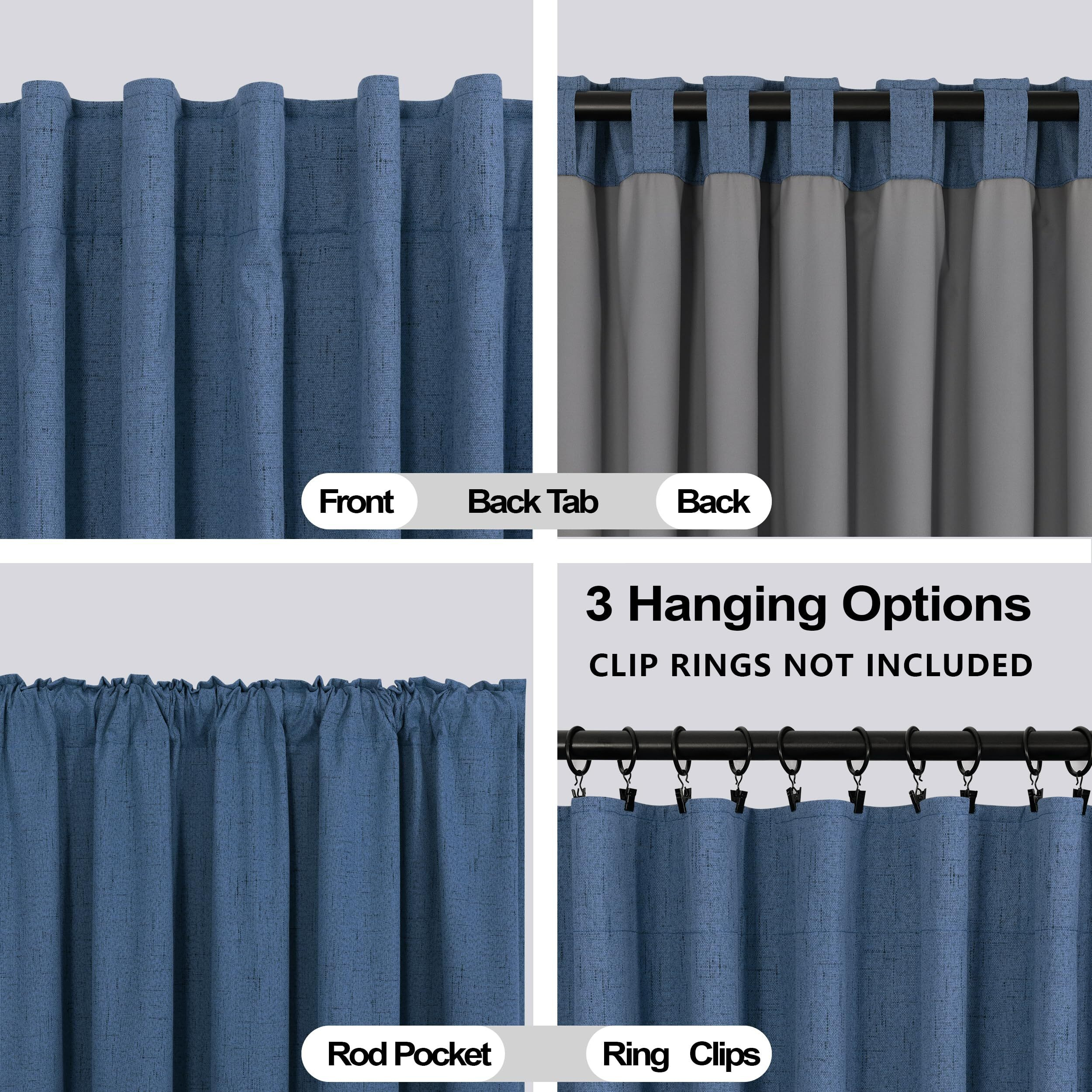 Koufall 52X54 Inches Long Denim Blue Back Tab Linen Blackout Curtains For Living Room