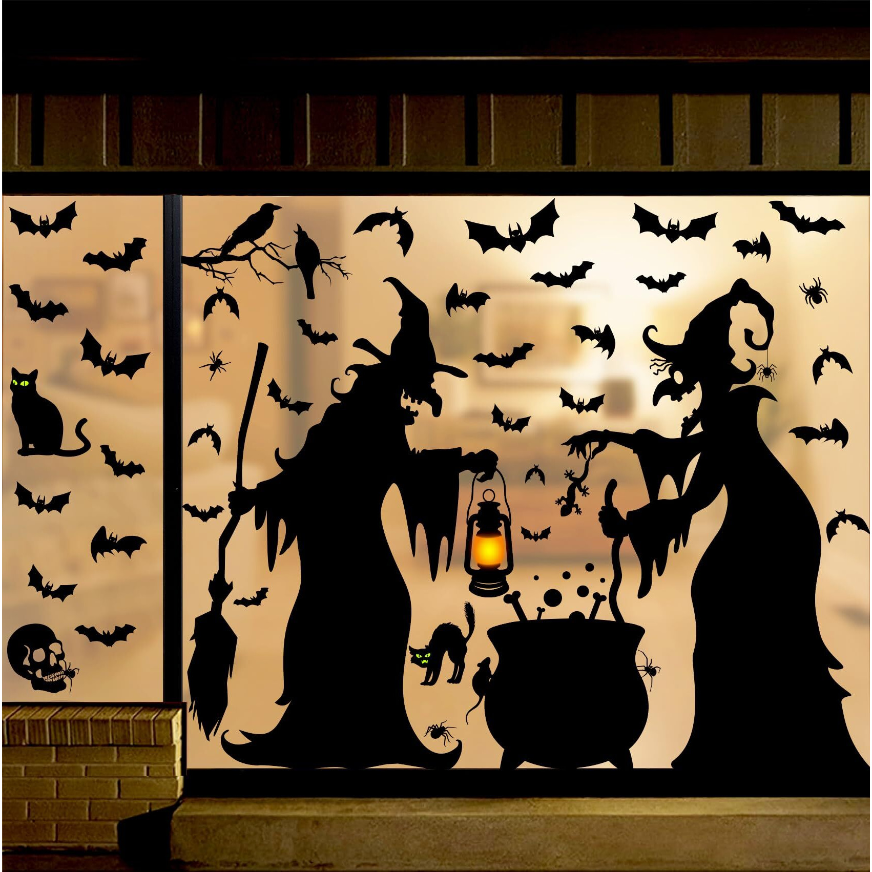 Halloween Decorations Window Clings Decor - Large Witches With Cauldron Bats Spider Black Cat Silhouette Halloween Window Stickers Decals For Home Indoor Outdoor Office Party Supplies