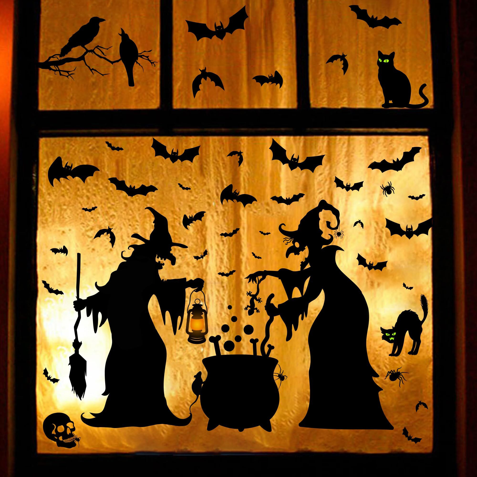 Halloween Decorations Window Clings Decor - Large Witches With Cauldron Bats Spider Black Cat Silhouette Halloween Window Stickers Decals For Home Indoor Outdoor Office Party Supplies