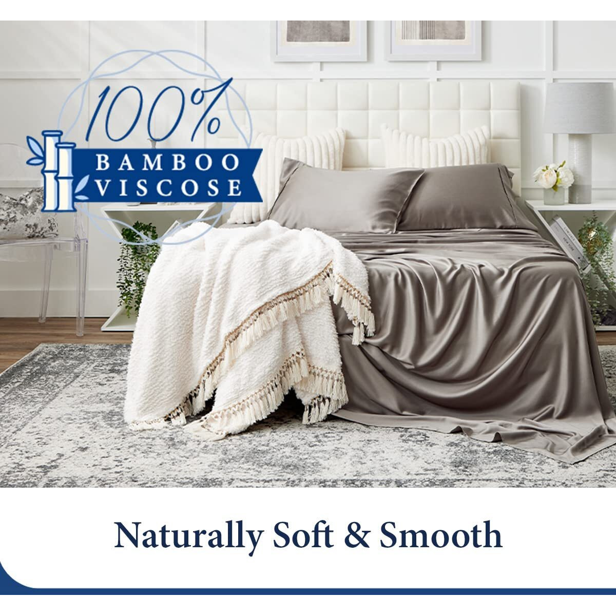Cosy House Collection 100% Rayon Derived From Bamboo Bed Sheet Set - Cooling  Breathable  Silky Soft 4-Piece Deep Pocket Bedding Set (Queen  Grey)