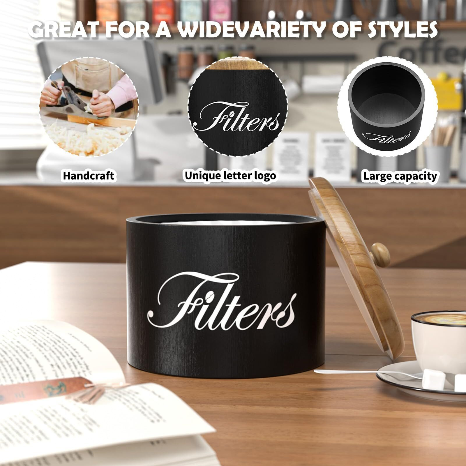 Coffee Filter Holder  Wooden Coffee Filter Storage With Lid  Round Coffee Filter Container For Counter  Rustic Farmhouse Coffee Bar Accessories Decor (Black)