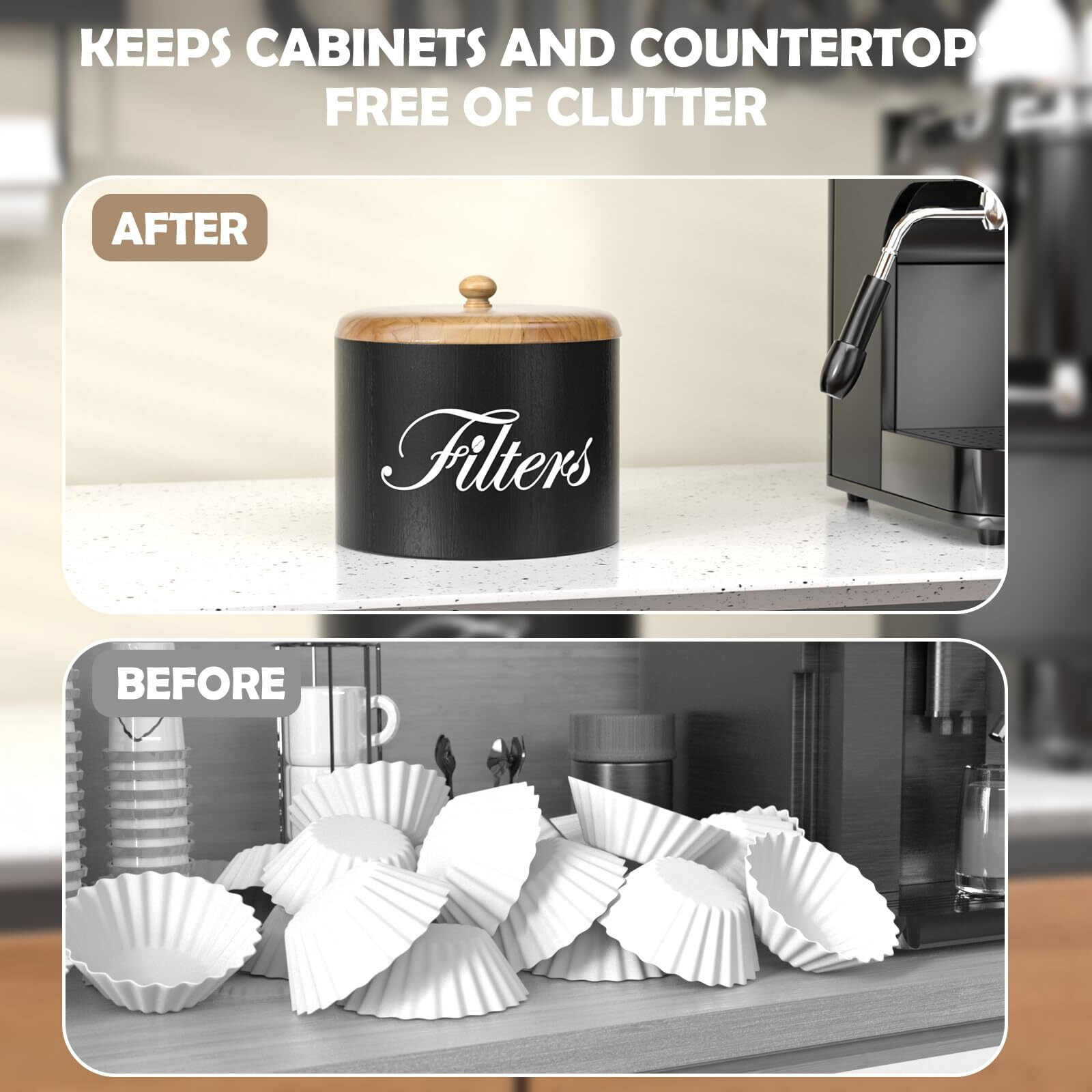 Coffee Filter Holder  Wooden Coffee Filter Storage With Lid  Round Coffee Filter Container For Counter  Rustic Farmhouse Coffee Bar Accessories Decor (Black)