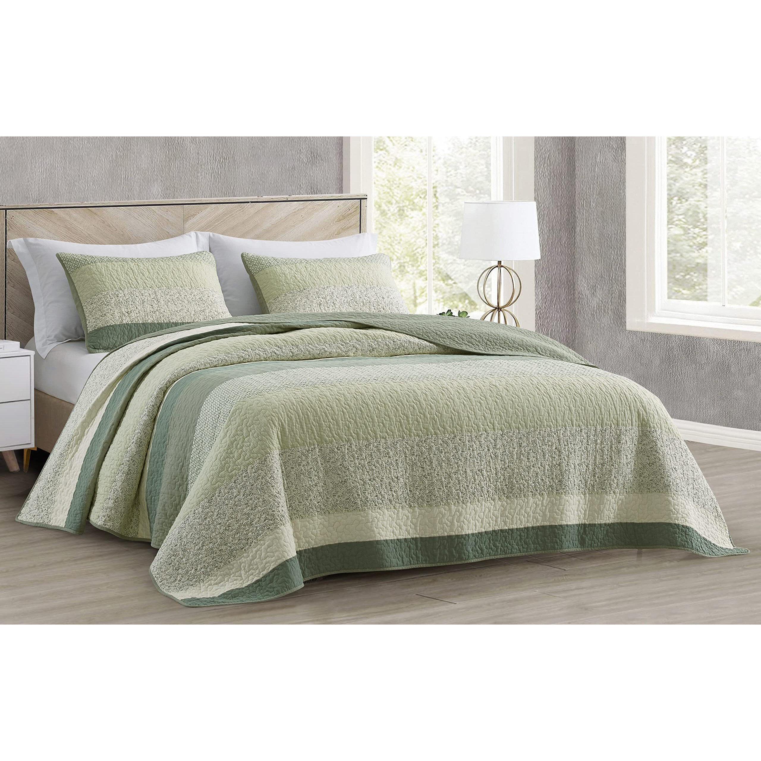 Chezmoi Collection Reed 3-Piece Chic Patchwork Striped Quilt Set - Green Floral Coverlet - Pre-Washed Cotton Lightweight Reversible Bedspread  Queen Size