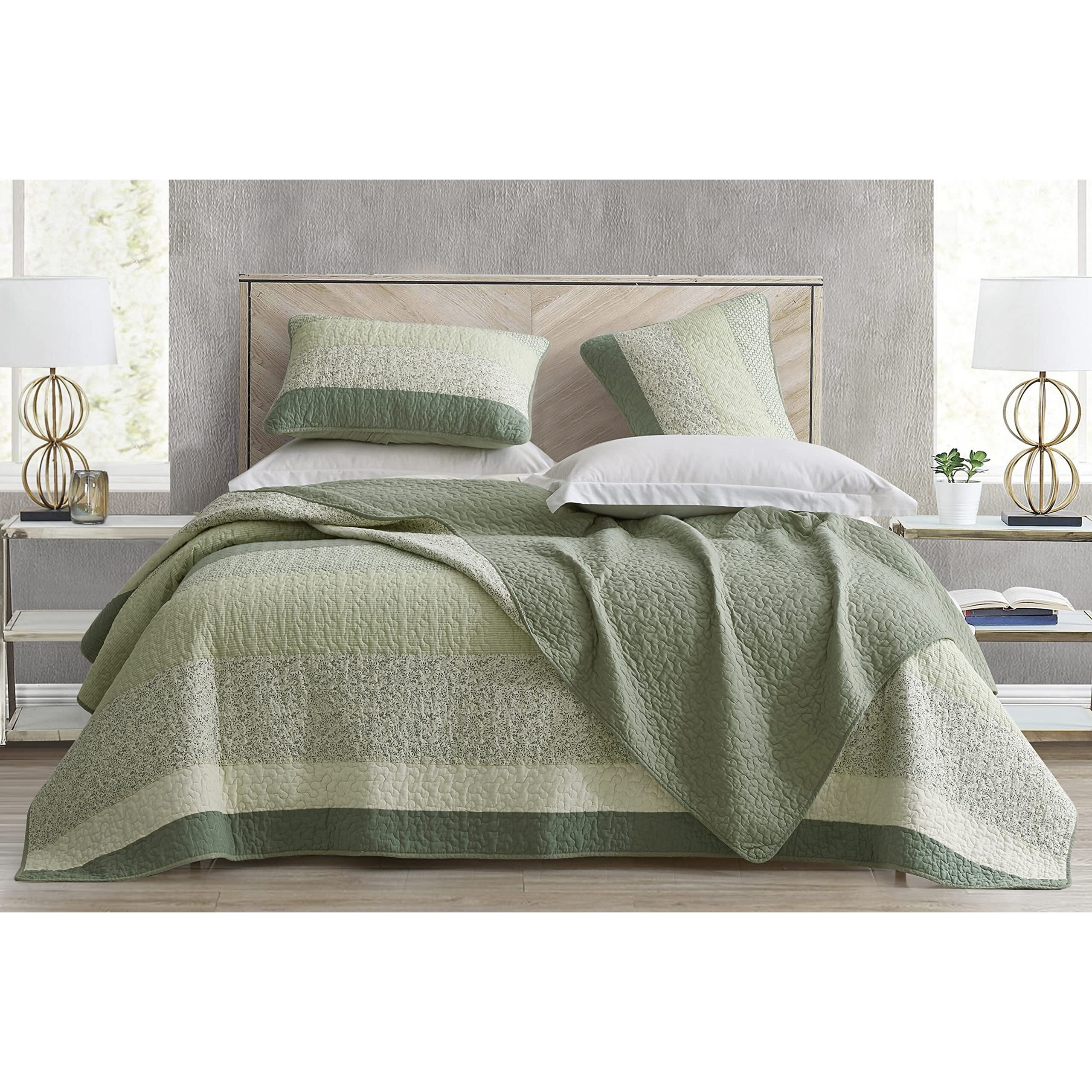 Chezmoi Collection Reed 3-Piece Chic Patchwork Striped Quilt Set - Green Floral Coverlet - Pre-Washed Cotton Lightweight Reversible Bedspread  Queen Size