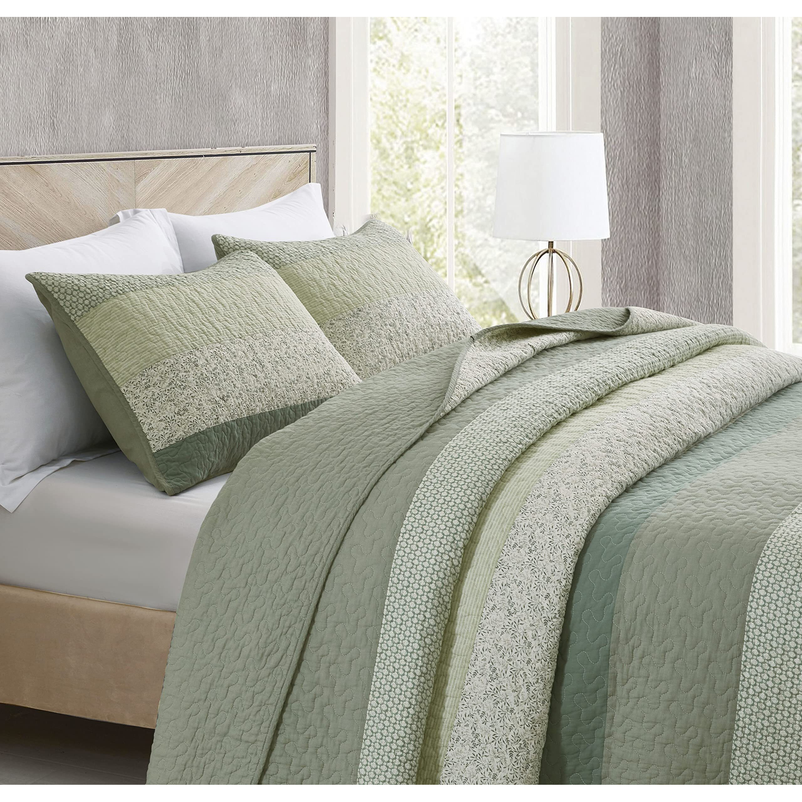 Chezmoi Collection Reed 3-Piece Chic Patchwork Striped Quilt Set - Green Floral Coverlet - Pre-Washed Cotton Lightweight Reversible Bedspread  Queen Size