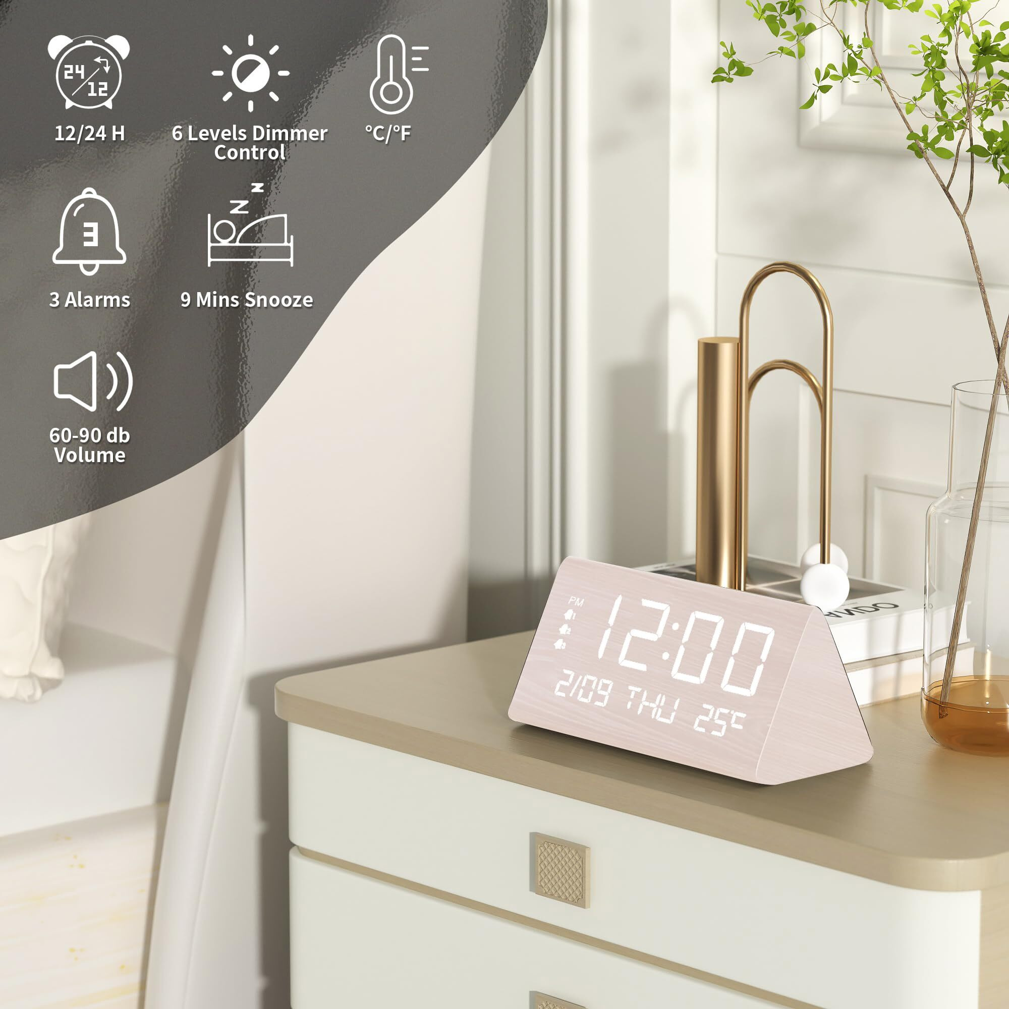 Jall Digital Alarm Clock  With Wooden Electronic Led Time Display  3 Alarm Settings  Weekday/Weekend Mode  Temperature Detect  Wood Made Electric Clocks For Office  Bedroom  Bedside