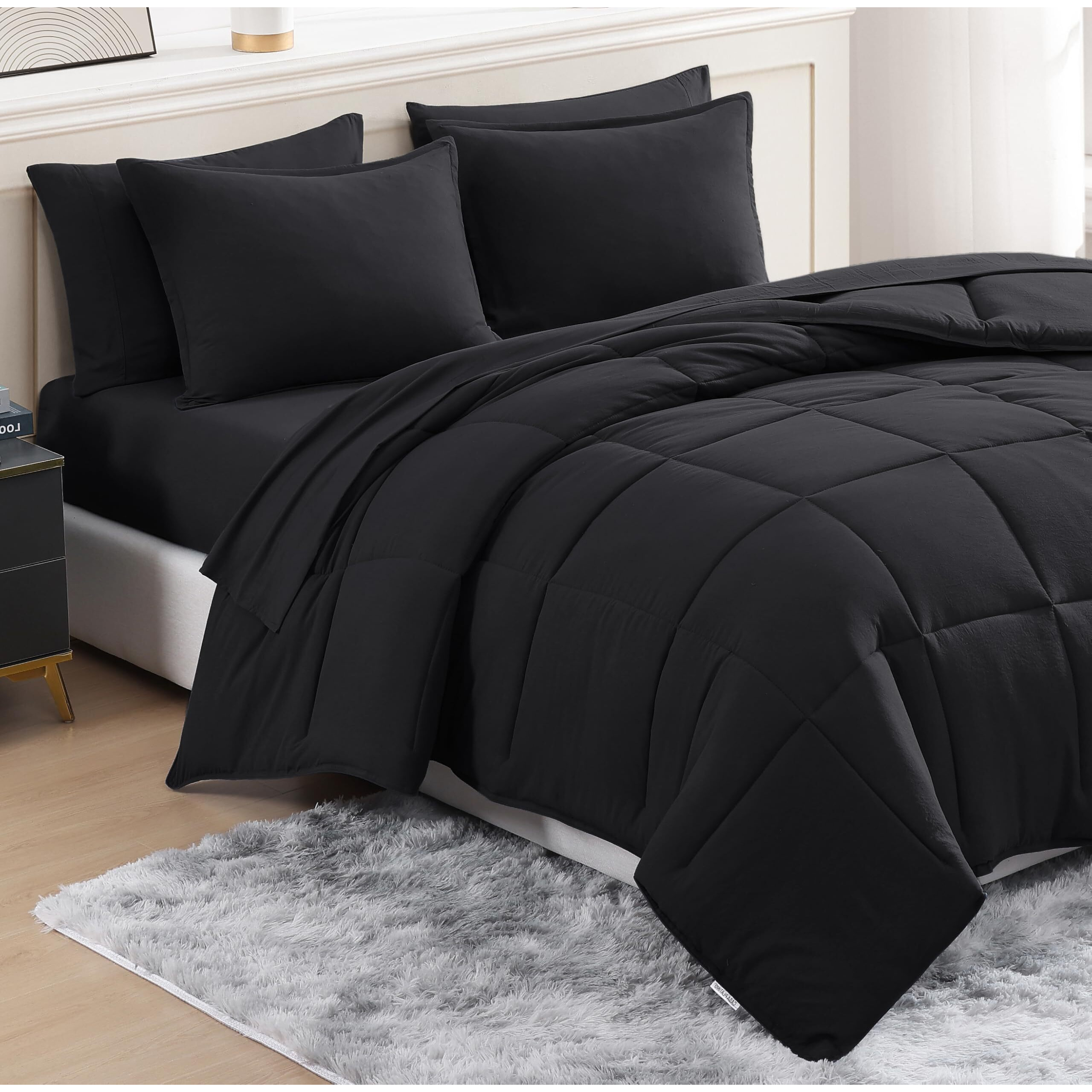 Casa Platino Queen Comforter Set Pre-Washed - 7 Piece Bed In A Bag - Soft Brushed Microfiber Queen Comforter Set - Includes Comforter  Flat Sheet  Fitted Sheet  2 Pillowcases & 2 Shams- Black