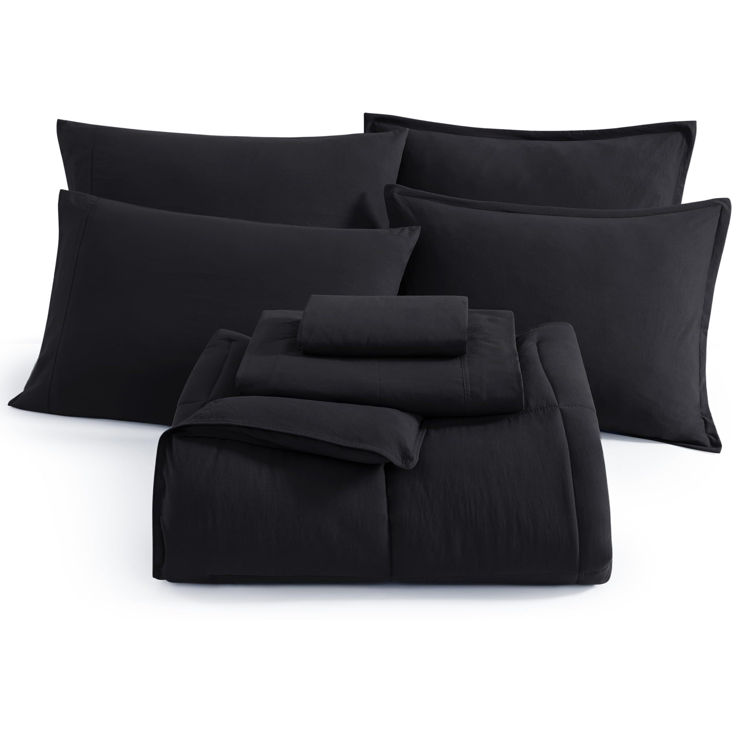 Casa Platino Queen Comforter Set Pre-Washed - 7 Piece Bed In A Bag - Soft Brushed Microfiber Queen Comforter Set - Includes Comforter  Flat Sheet  Fitted Sheet  2 Pillowcases & 2 Shams- Black