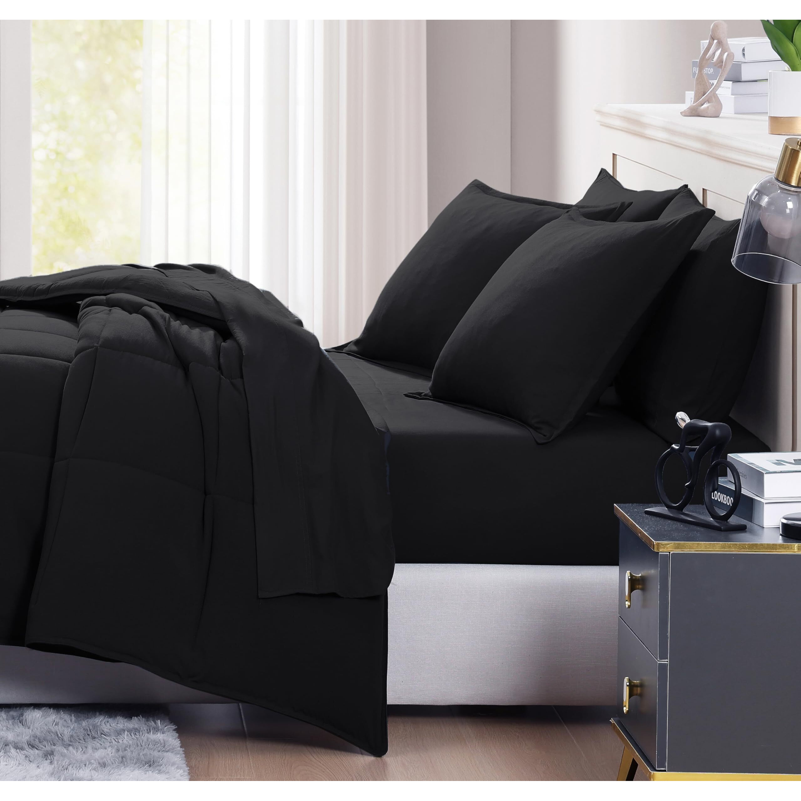 Casa Platino Queen Comforter Set Pre-Washed - 7 Piece Bed In A Bag - Soft Brushed Microfiber Queen Comforter Set - Includes Comforter  Flat Sheet  Fitted Sheet  2 Pillowcases & 2 Shams- Black