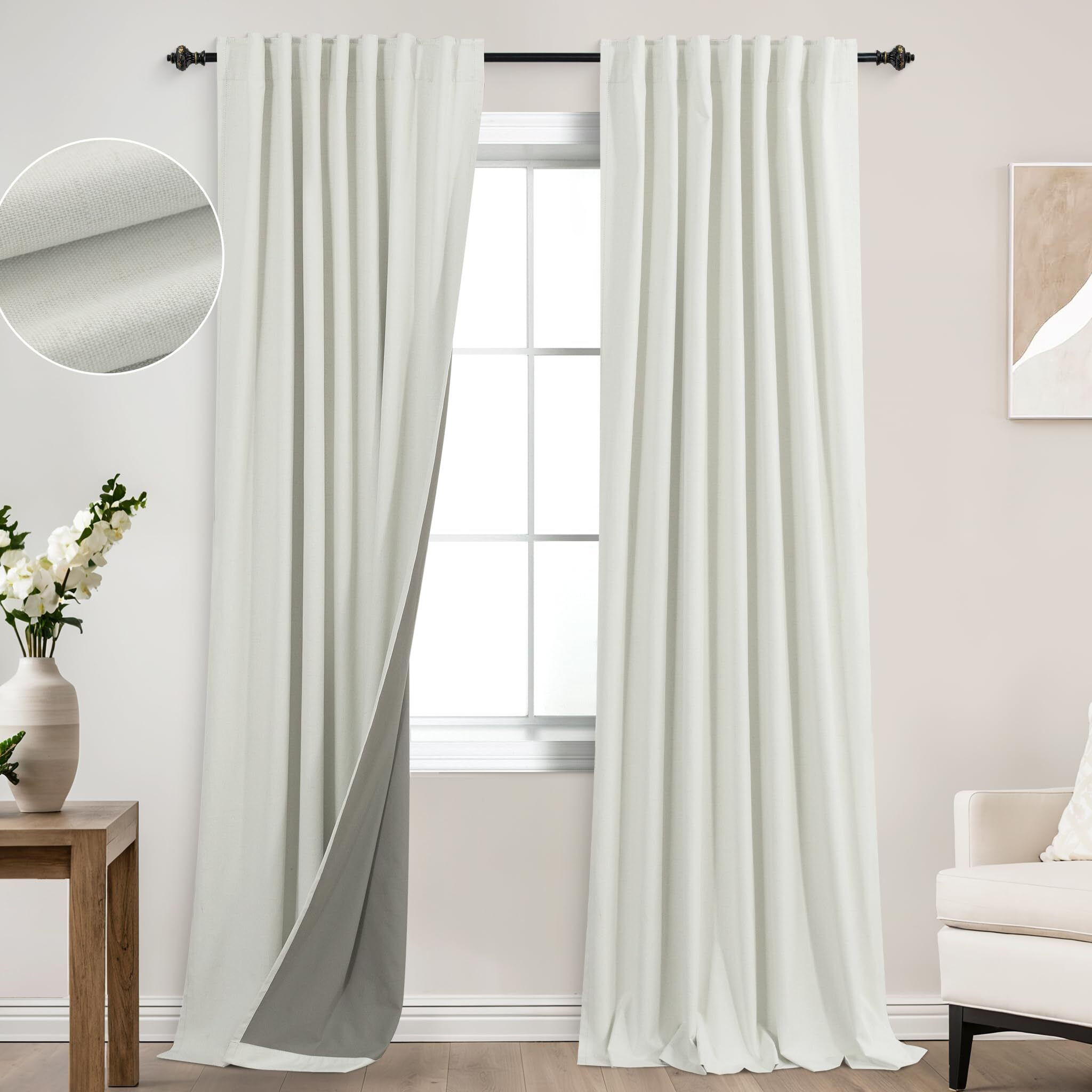 Koufall Ivory 52X120 Inch Length 2 Panels Back Tab Linen Blackout Curtains