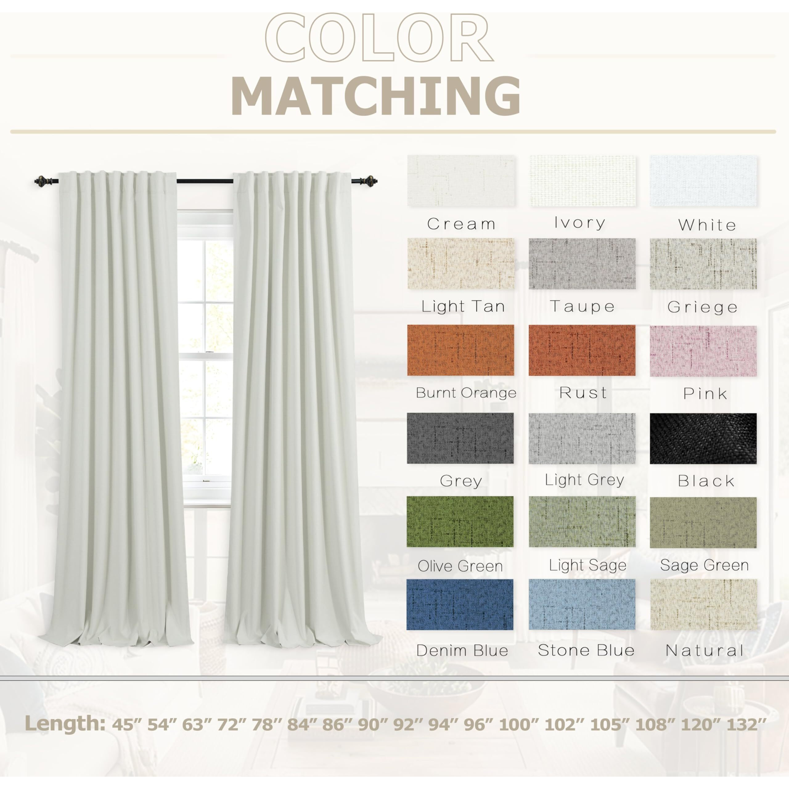 Koufall Ivory 52X120 Inch Length 2 Panels Back Tab Linen Blackout Curtains