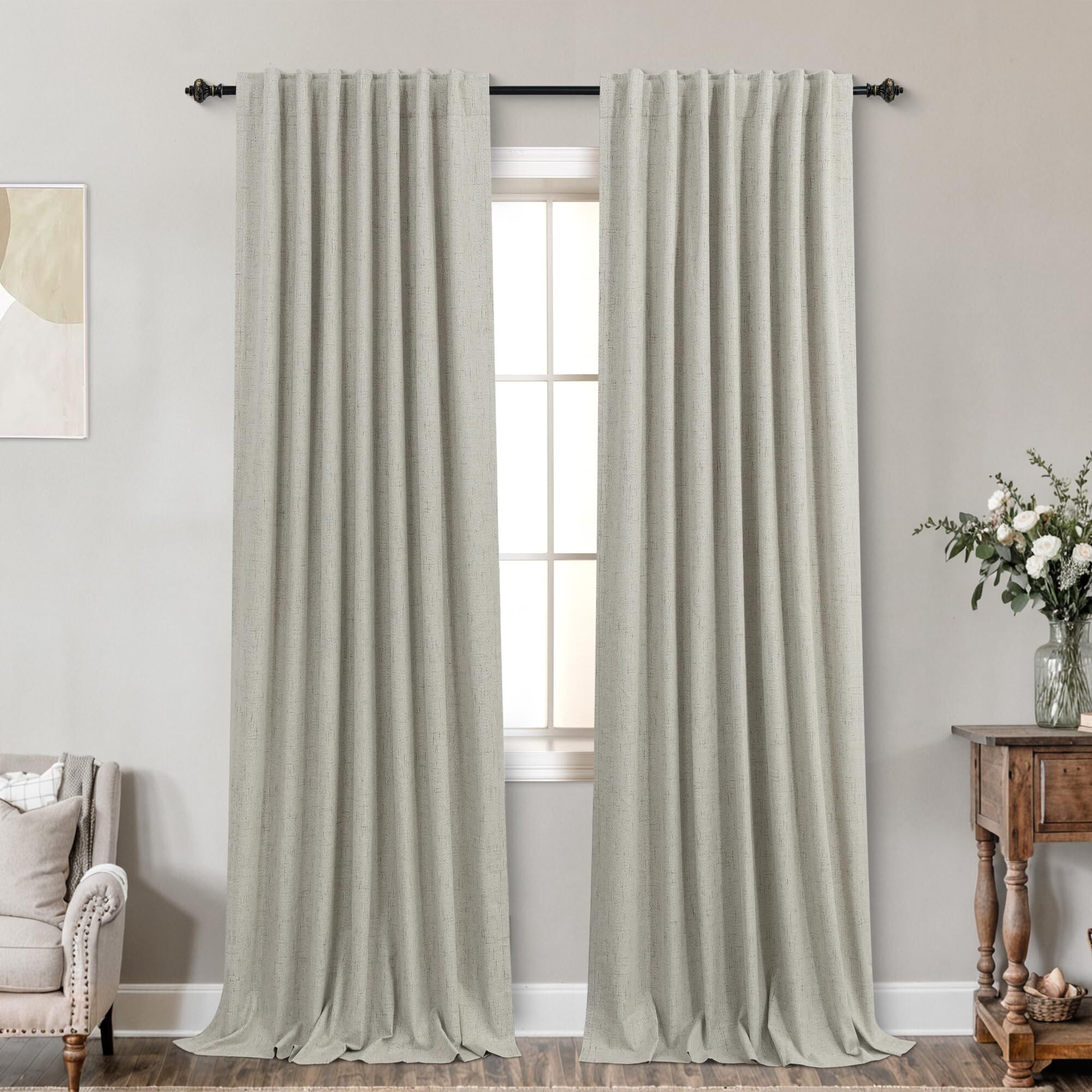 Koufall Rustic Country Curtains For Living Room Greige Dark Beige Blackout Faux Flax Linen Look Burlap Curtains Farmhouse For Bedroom 84 Inches Long