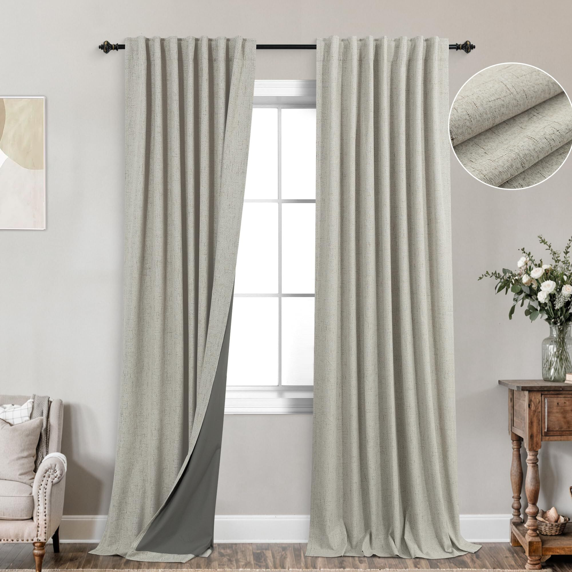 Koufall Rustic Country Curtains For Living Room Greige Dark Beige Blackout Faux Flax Linen Look Burlap Curtains Farmhouse For Bedroom 84 Inches Long