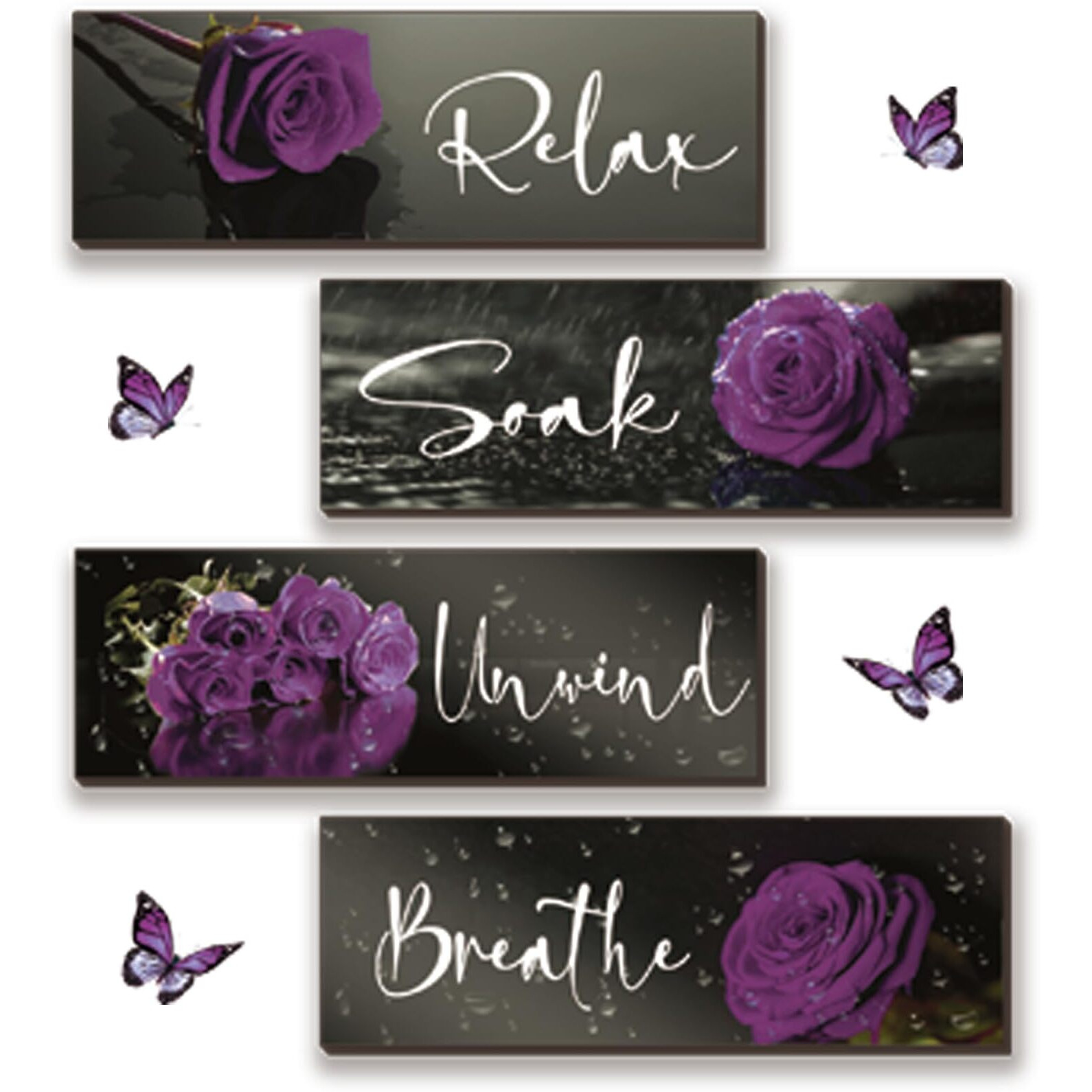 4 Pieces Purple Bathroom Wall Decor Purple Rose Wall Decor Wooden Bathroom Accessories With Relax Soak Unwind Breathe Wall Art For Girl Women Bedroom Living Room Home Decoration (Purple 12 X 4 Inch)