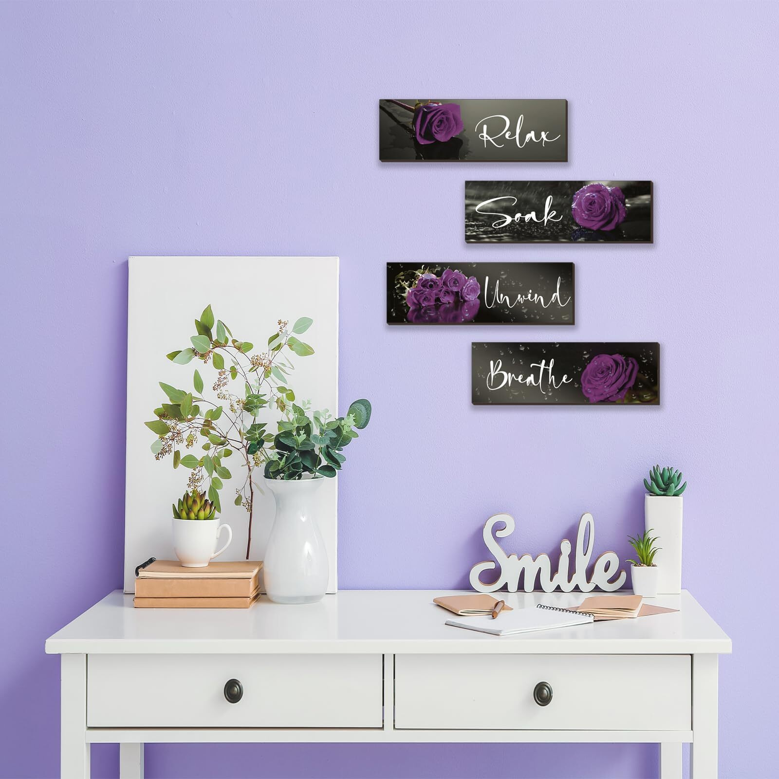 4 Pieces Purple Bathroom Wall Decor Purple Rose Wall Decor Wooden Bathroom Accessories With Relax Soak Unwind Breathe Wall Art For Girl Women Bedroom Living Room Home Decoration (Purple 12 X 4 Inch)