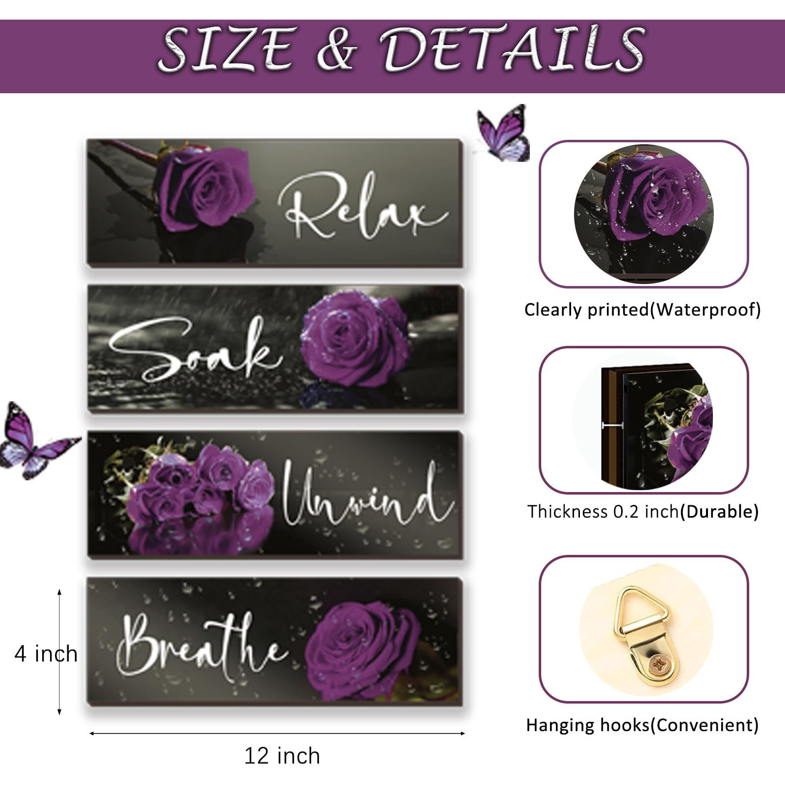 4 Pieces Purple Bathroom Wall Decor Purple Rose Wall Decor Wooden Bathroom Accessories With Relax Soak Unwind Breathe Wall Art For Girl Women Bedroom Living Room Home Decoration (Purple 12 X 4 Inch)