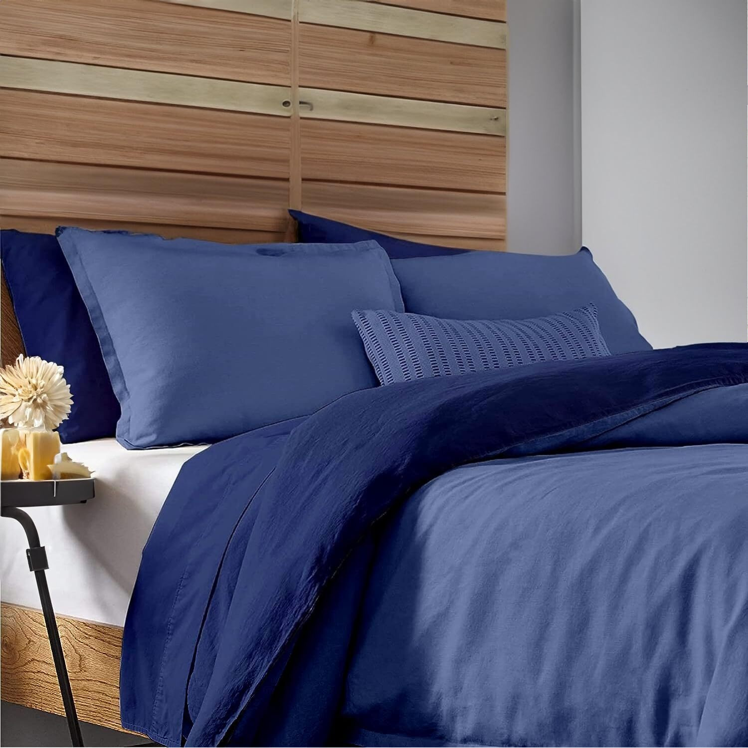 King Size Duvet Cover Set Egyptian Cotton Reversible 1000 Thread Count 1 Duvet Cover & 2 Pillow Shams Long Staple Quilt Silky Soft  Breathable With Zipper -3 Piece Set (Navy Blue/Medium Blue)