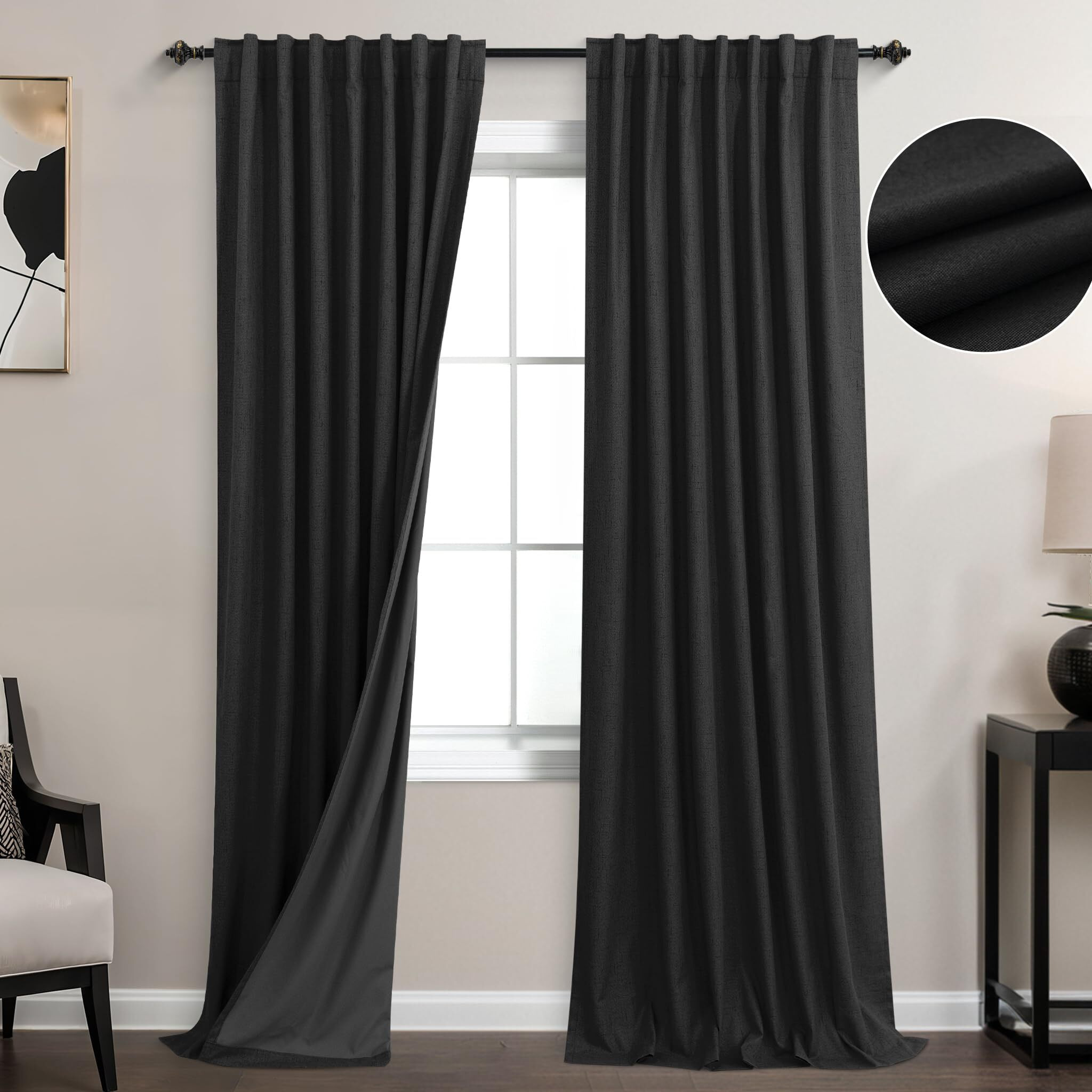 Koufall Black Back Tab Linen Blackout Curtains For Living Room 52X108 Inch Length